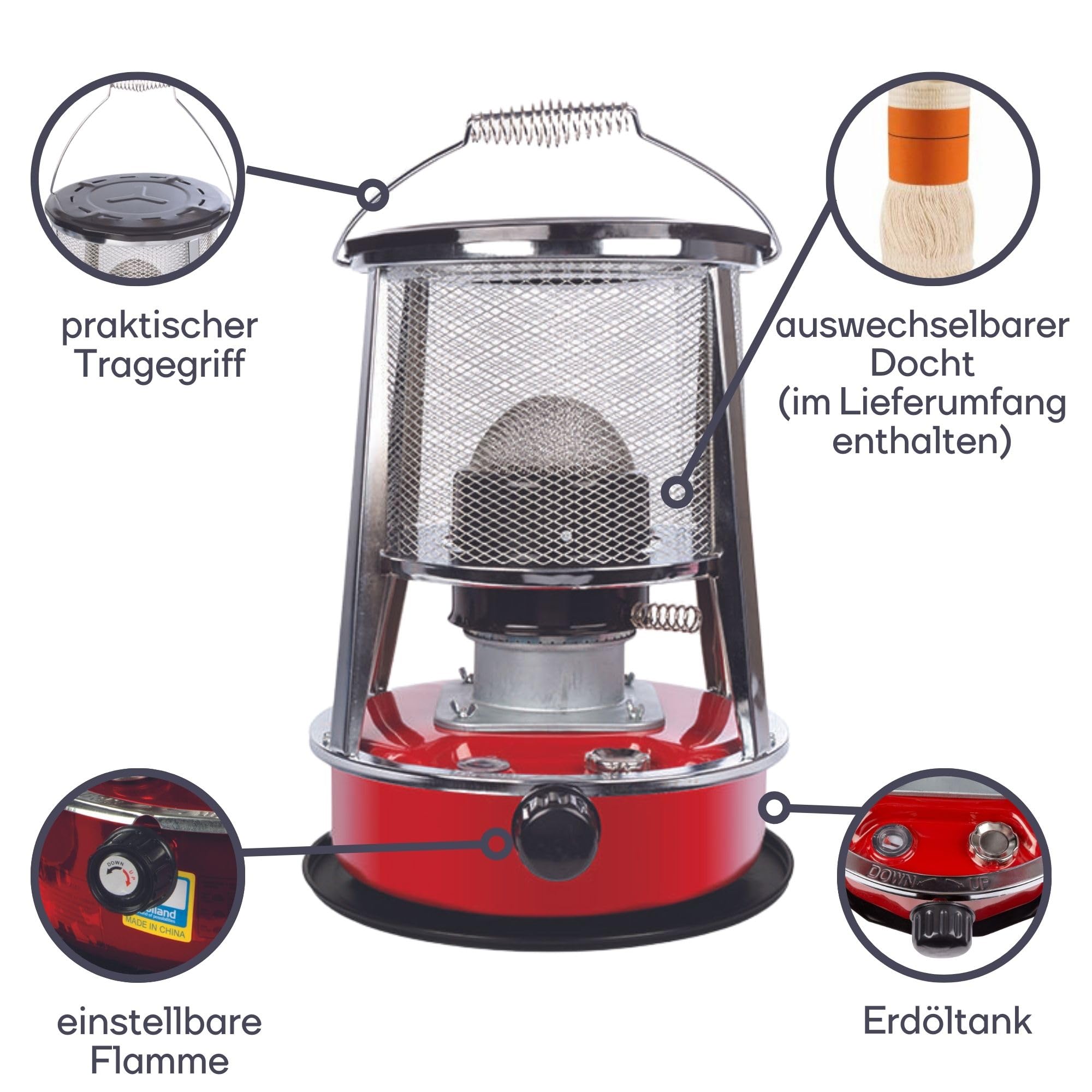 Perel Mobiles Petroleumheizgerät 2600W, tragbarer Kerosinofen für außen und Camping, Docht-Heizung, 4,6L Tank, 18 Stunden Laufzeit, stromlose Notheizung, energiesparende Outdoor-Heizung