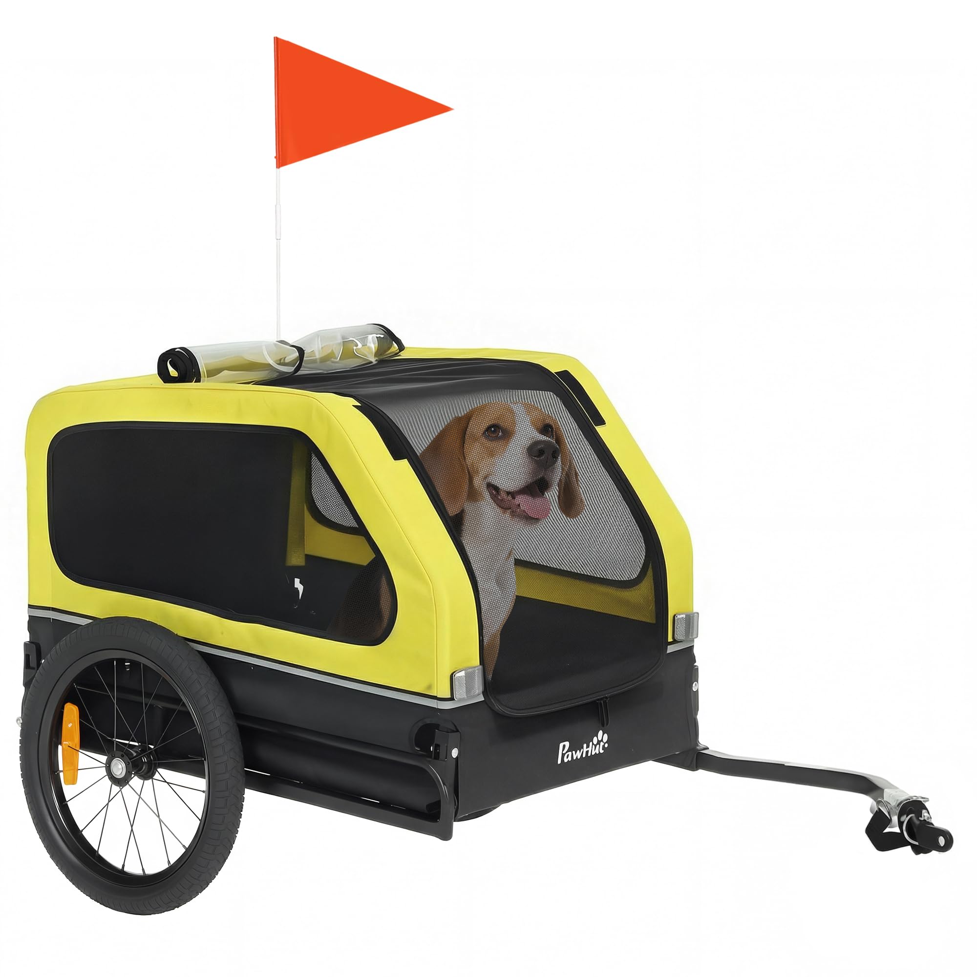 PawHut Dog Bike Trailer Support Up to 20 kg, Dog Bicycle Carrier, Easy Store Cart with Quick Release Frame, Flip-Down Ramp Tailgate, Universal Bicycle Coupler, Reflectors, Flag, Yellow