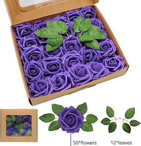 Miniatura 8 de ZAMMAZ Rosas artificiales, 50 unidades, rosas falsas de espuma de aspecto real con tallos para ramos de boda, despedidas de soltera, centros de