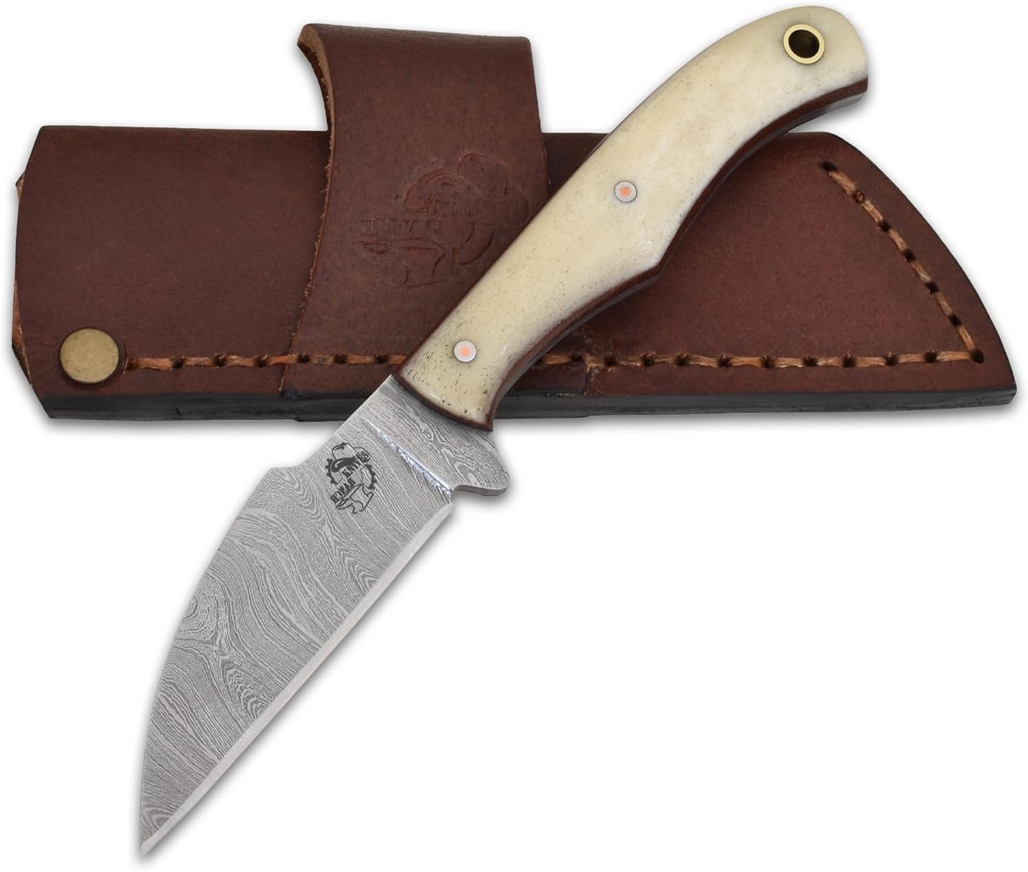 Knives Ranch Handmade EDC Fixed Blade Knife – 6.5" Damascus Blade Full Tang | Everyday Carry Knife | Bone Handle with Dual Carry Genuine Leather Cowboy Sheath – Hunting, Scout Carry, Outdoor (3186-B)