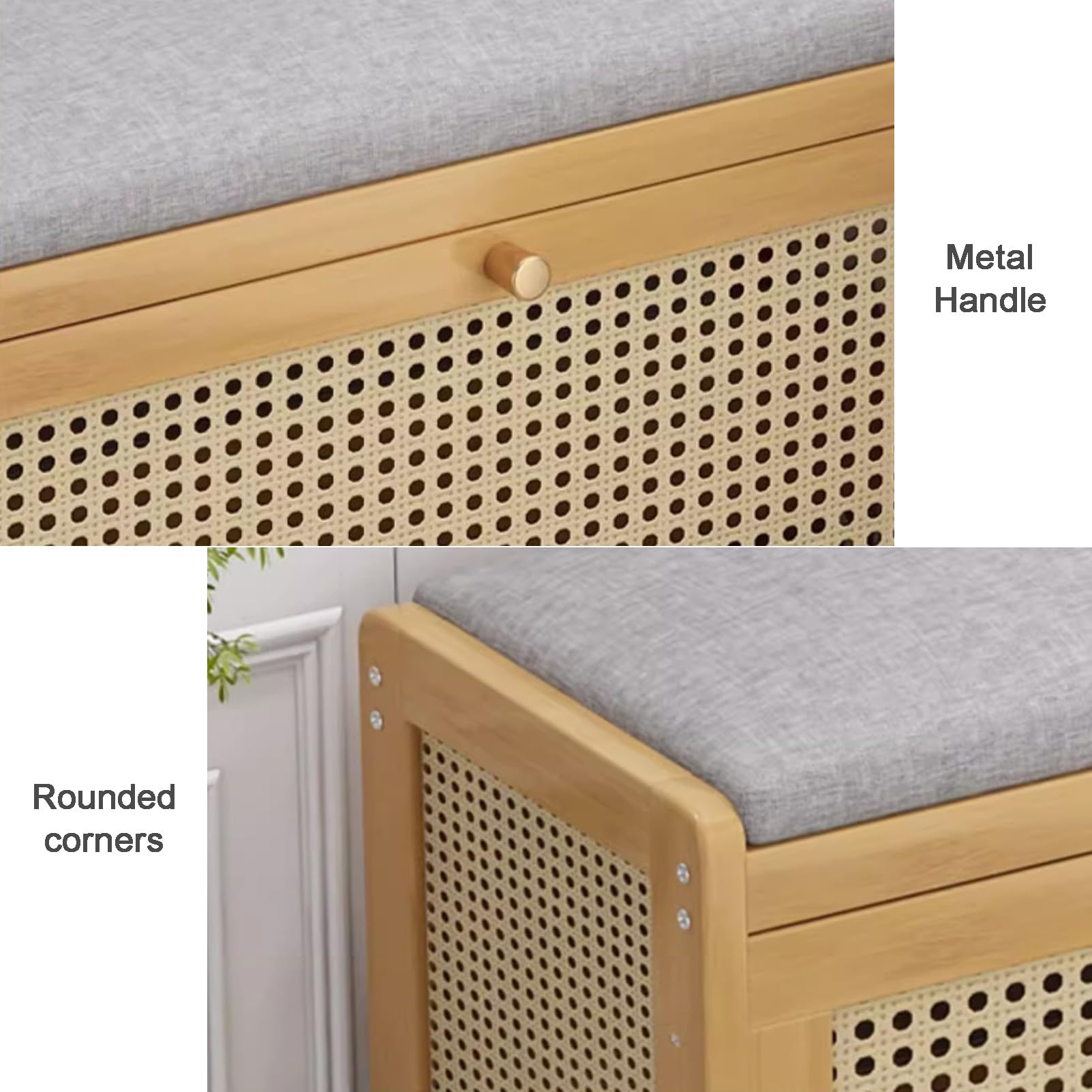 Zapatero de madera con cojines de lino, entrada de 2 niveles para pasillo, elegante solución de almacenamiento para zapatos y accesorios