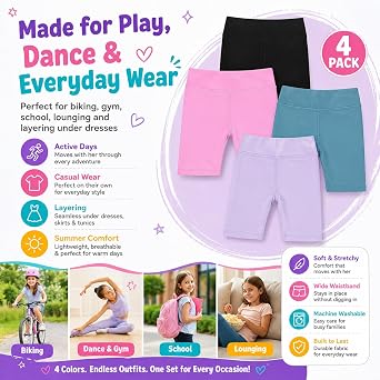 BTween Girls 4 Pack Bike Shorts Stretchy, Soft High Waist Athletic Shorts for Kids with Fun Prints Colors