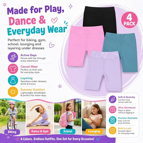 BTween Girls 4 Pack Bike Shorts Stretchy, Soft High Waist Athletic Shorts for Kids with Fun Prints Colors