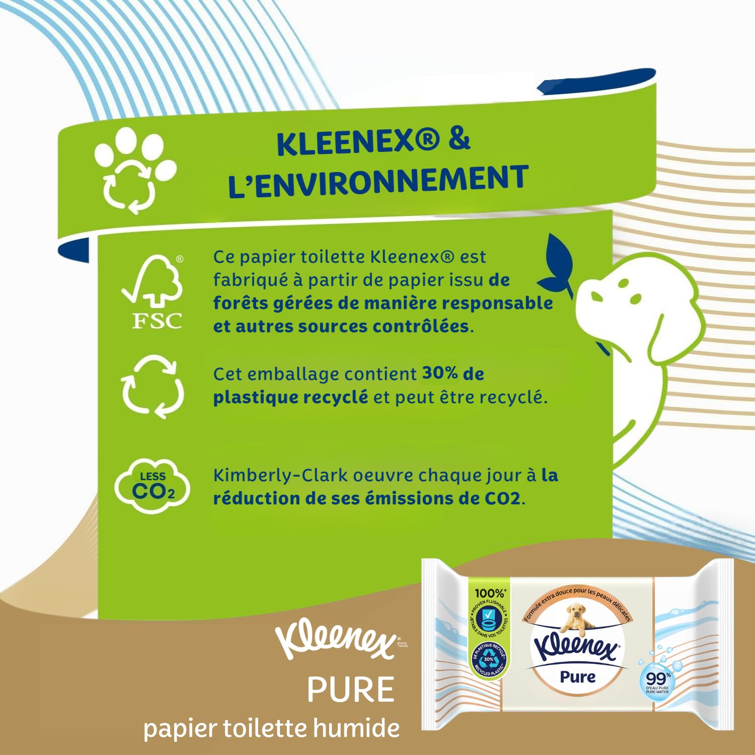 KLEENEX Pure - Papier Toilette Humide (12 paquets de 38 feuilles) - double épaisseur - jetable dans les toilettes - sans plastique - sans parfum - sans alcool - emballage recyclable