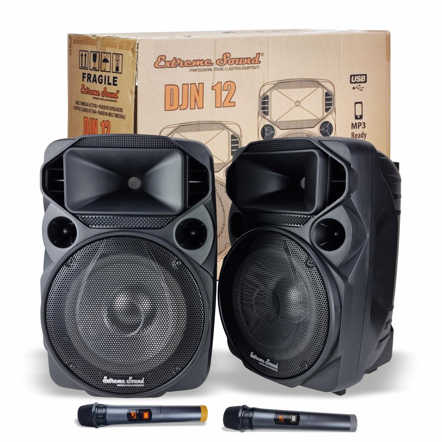 Extreme Sound Coppia Casse Audio Attiva e Passiva DJN 12 con coppia Microfoni Wireless,Bluetooth, 2000W Potenza Musicale - Perfette per Karaoke, Feste ed Eventi - Altoparlanti da 31 Cm, luci led