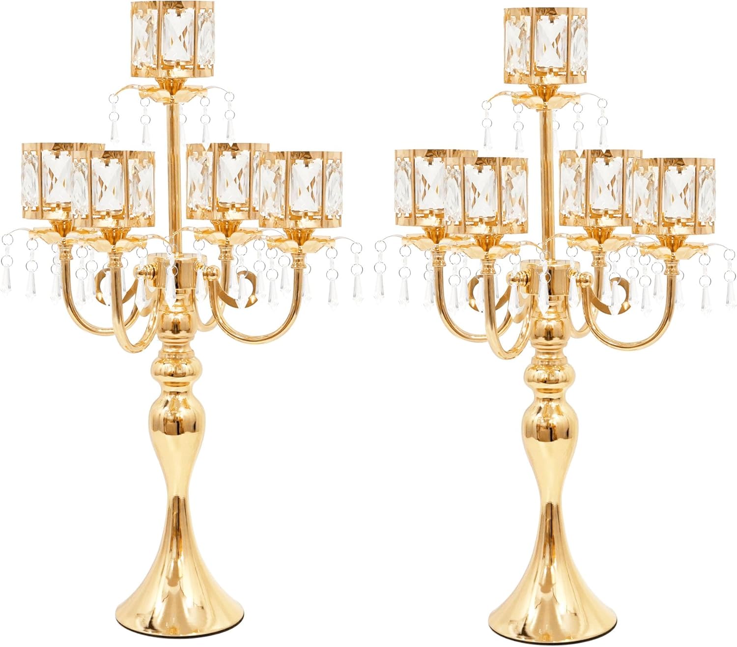 Gold Candelabra Centerpieces for Tables, 2Pcs 22in Tall Candlestick Holder for Taper Candles, 5 Arm Metal Crystal Candelabra for Wedding Centerpiece Decor Party Event Reception Decoration