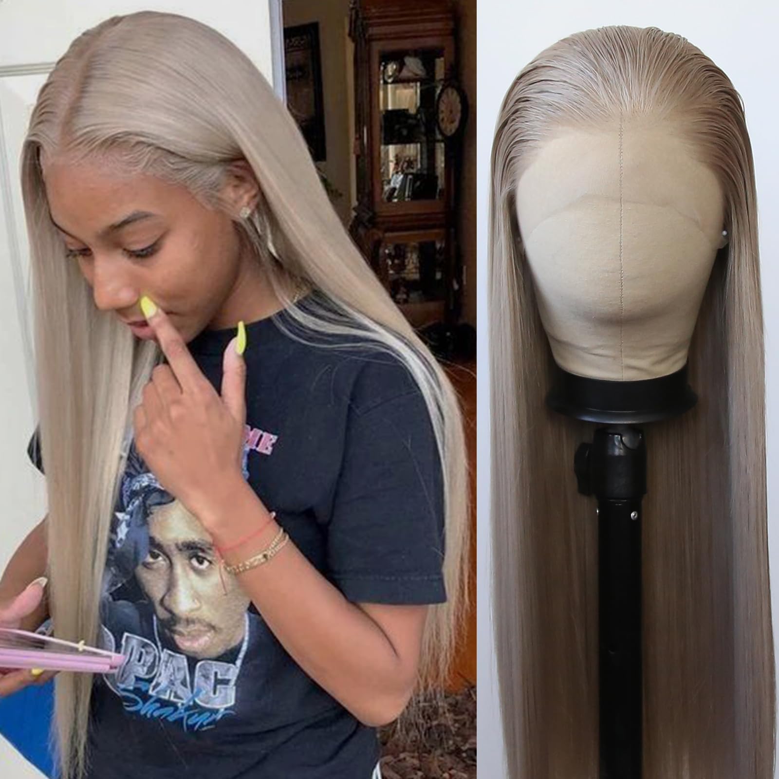 Women\'s Dark Ash Blonde Heat Resistant Middl Length Natural Layered Straight Wig MSCiCi Premium Human Hair Wig - Natural Ash Blonde Long  main image 4