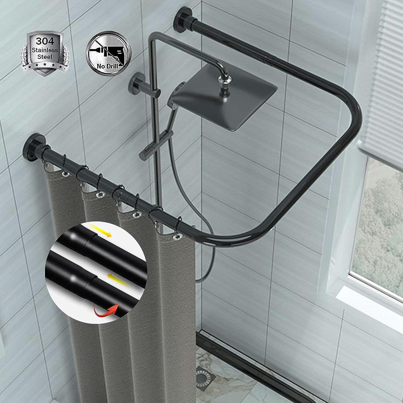 Barra de ducha curvada ajustable, barra de cortina telescópica en forma de U, acero inoxidable a prueba de óxido, montaje en pared sin taladros para baño, riel negro extensible