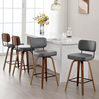 Bekrvio Bar Stools Set of 4 with Backrest 65 cm Seat Height 360  Rotation Bar Stools Faux Leather with Extra Thick Seat 7.1 cm Bar Stools Wood with 4 Legs for Kitchen Island & Kitchen PU Leather Grey