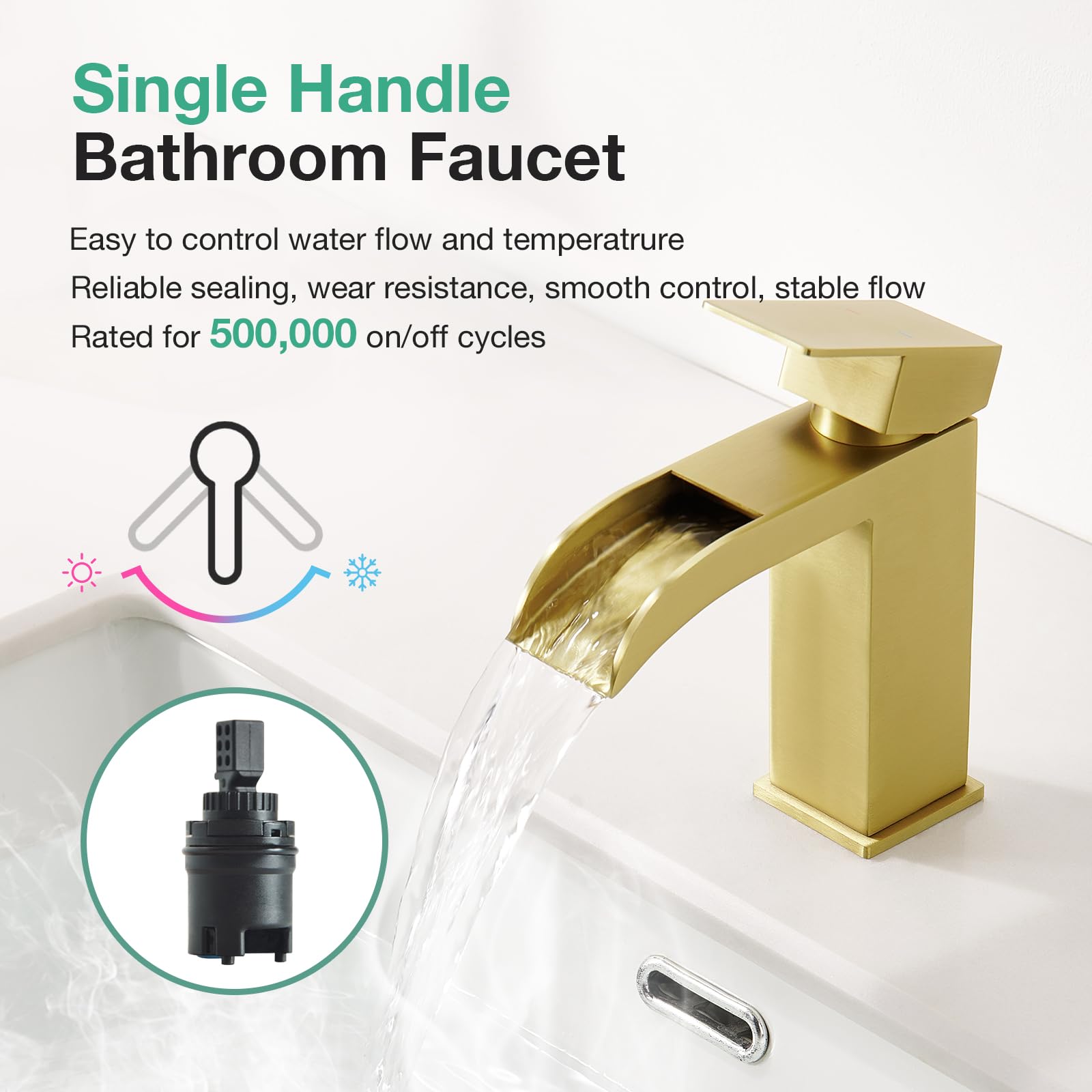 Faustina Rubinetto per Lavabo da Bagno Cascata e Piletta Pop Up con Troppopieno, Miscelatore Monocomando per Bagno Quadrato, oro