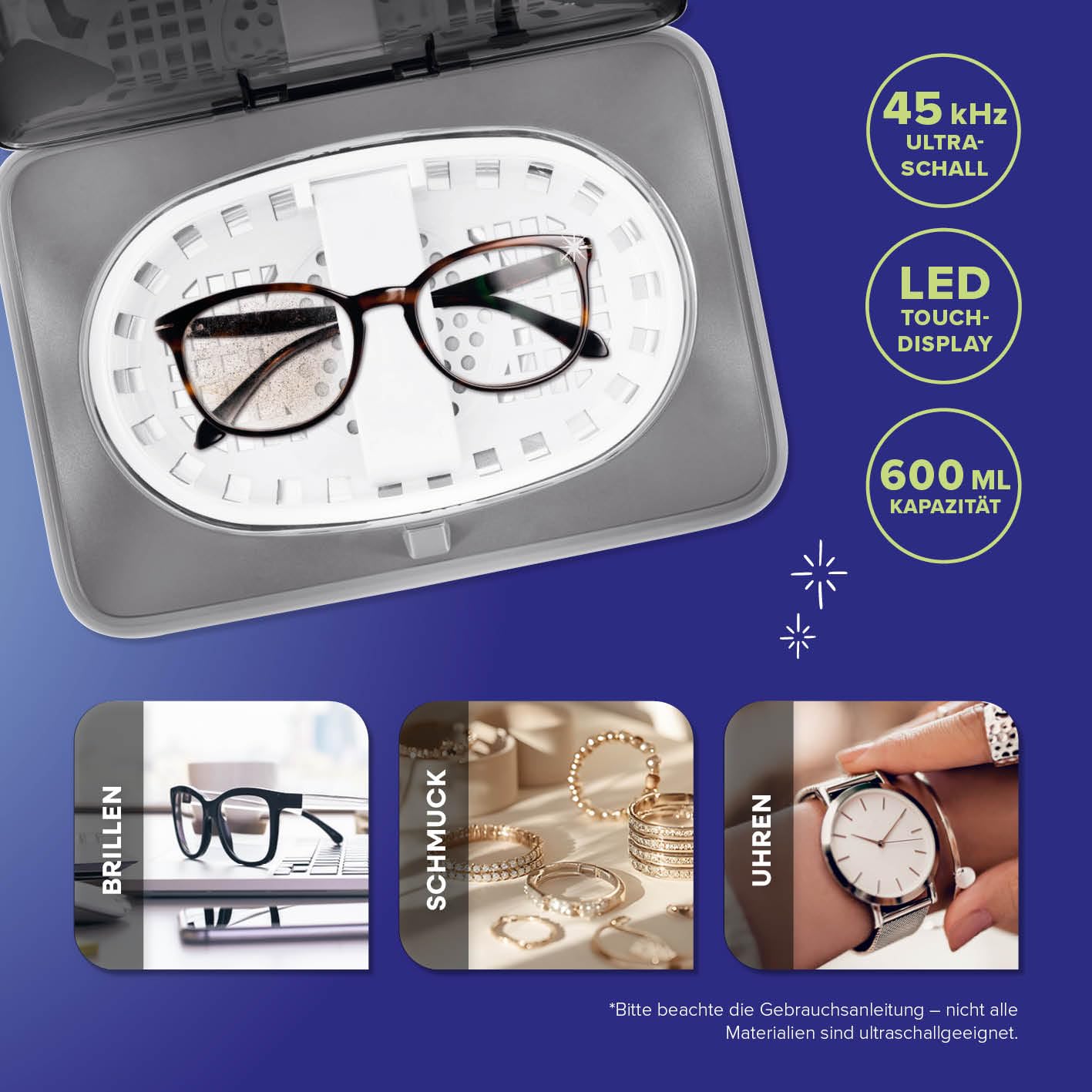 Ultraschallreinigungsgerät – moderner Ultraschallreiniger | Brillenreiniger mit LED-Touchdisplay, 45kHz, 5 Timerstufen & 600 ml Tank | ideal als Schmuckreiniger für Ketten, Ringe & Uhren