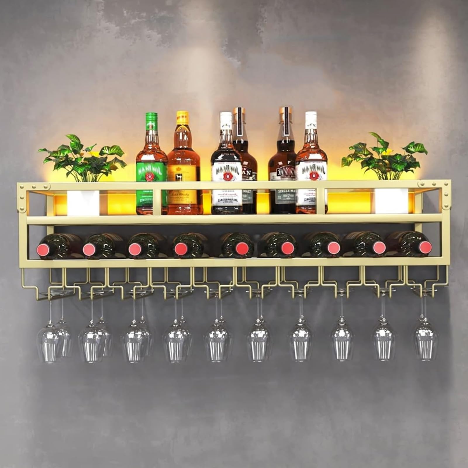 Étagère à vin murale industrielle dorée 120cm avec LED et porte-verres
