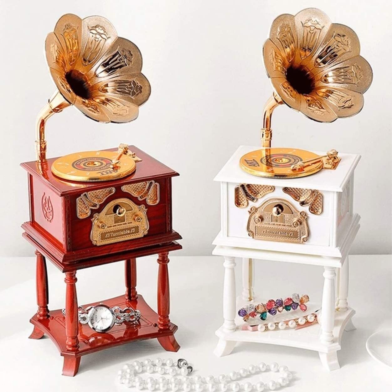 Caja de música de plástico para discos, fonógrafo, caja de música, almacenamiento de joyas, caja de música para decoración de Navidad, regalo de cumpleaños (marrón, 12,4 x 11,5 x 33,8 cm)