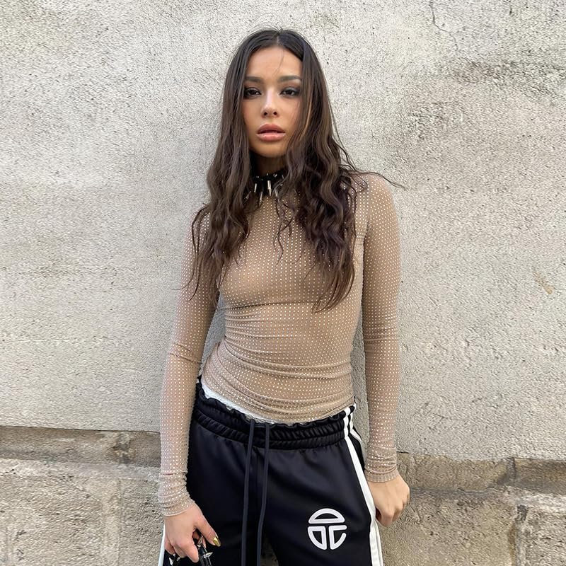 Y2K Long Sleeve Shirts for Women Grunge Rhinestone Sheer Mesh Aesthetic Fitted Tops3