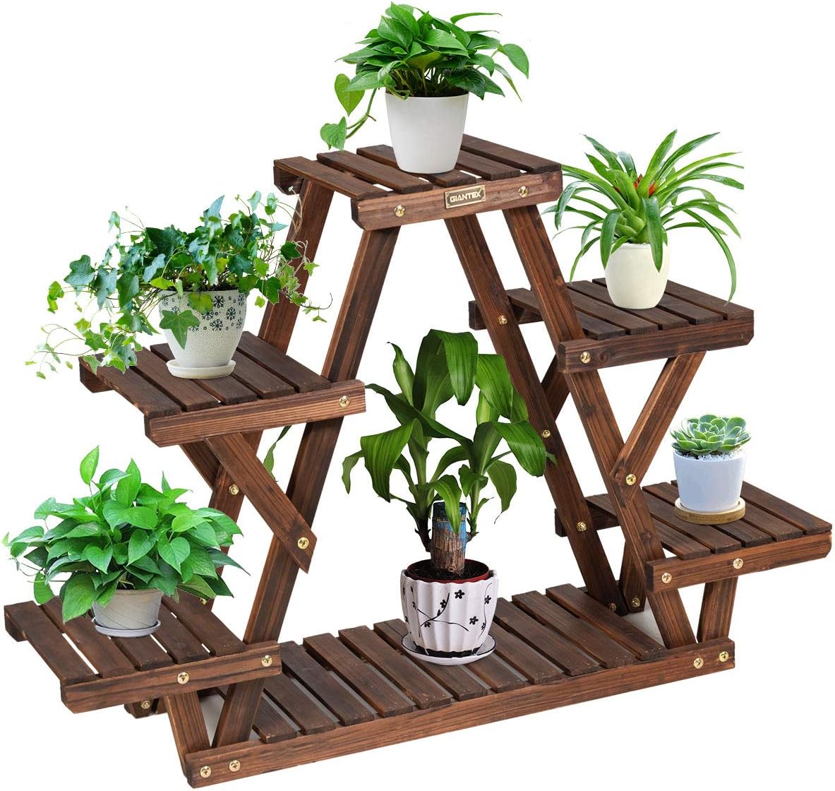 Produktbild von Pflanzenständer Mit Rollen – 5 Ebenen, 7 Plattformen, Massives Holz, 106x25x95 Cm, Für Innen & Außen, Platzsparend