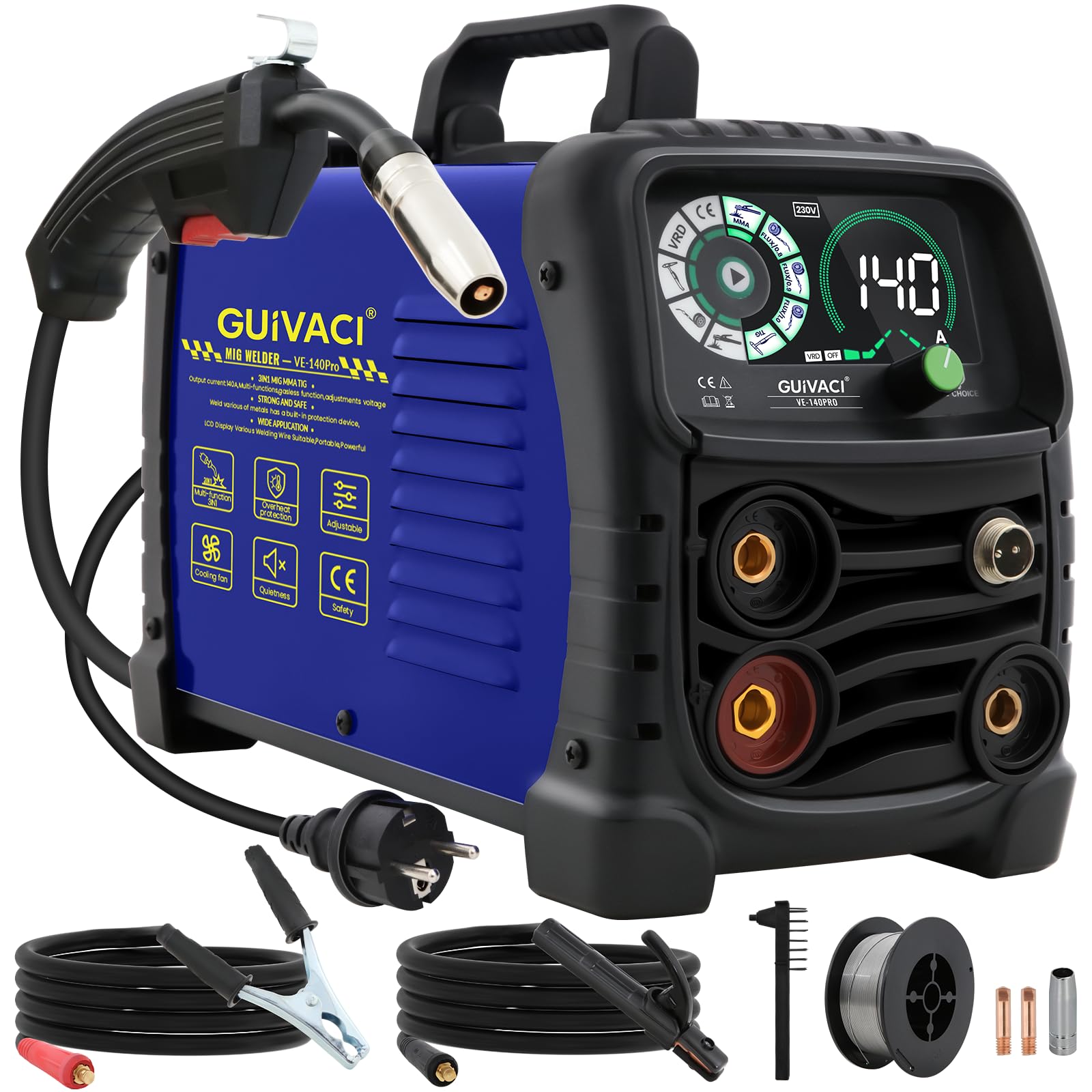 140A MIG MAG Schweißgerät, Fülldraht Schweißgerät ohne Gas, 3-in-1 MIG/Stick Schweißmaschine, passend für 0,8mm Schweißdraht, Elektroden Schweißgerät für Heimwerker und Werkstatt