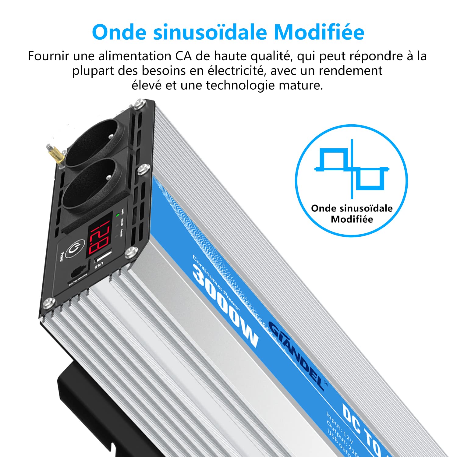 GIANDEL Convertisseur 12V 220V 3000W Onduleur à Onde Modifiée Transformateur Compatible Lithium-Batterie pour La Maison, RV, Camion, Hors Réseau Solaire avec 30 Pieds Télécommande Affichage LED