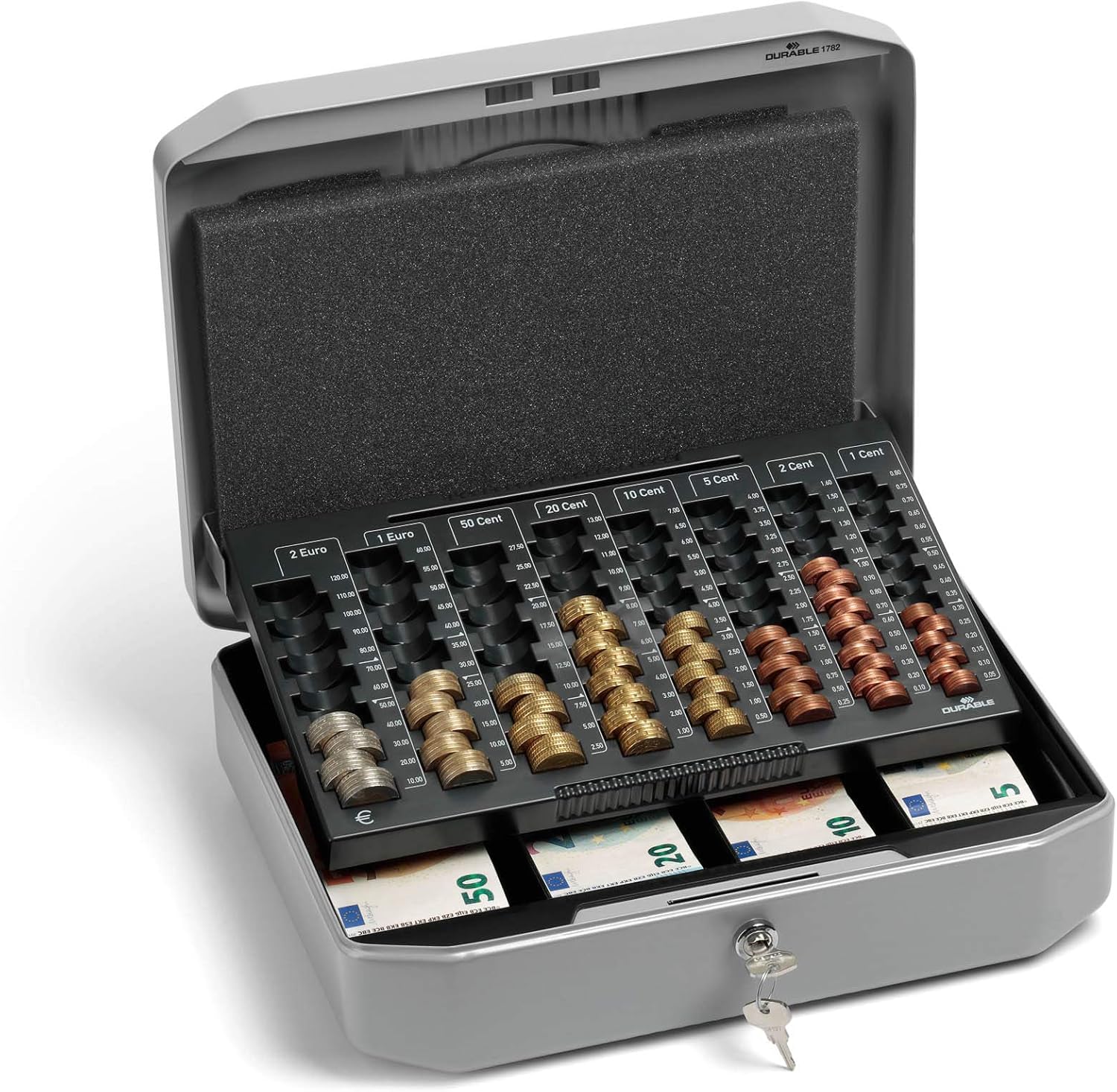 Durable 178257 caja Euroboxx con 2 llaves, incluye tablero de conteo y compartimentos para billetes, gris plateado