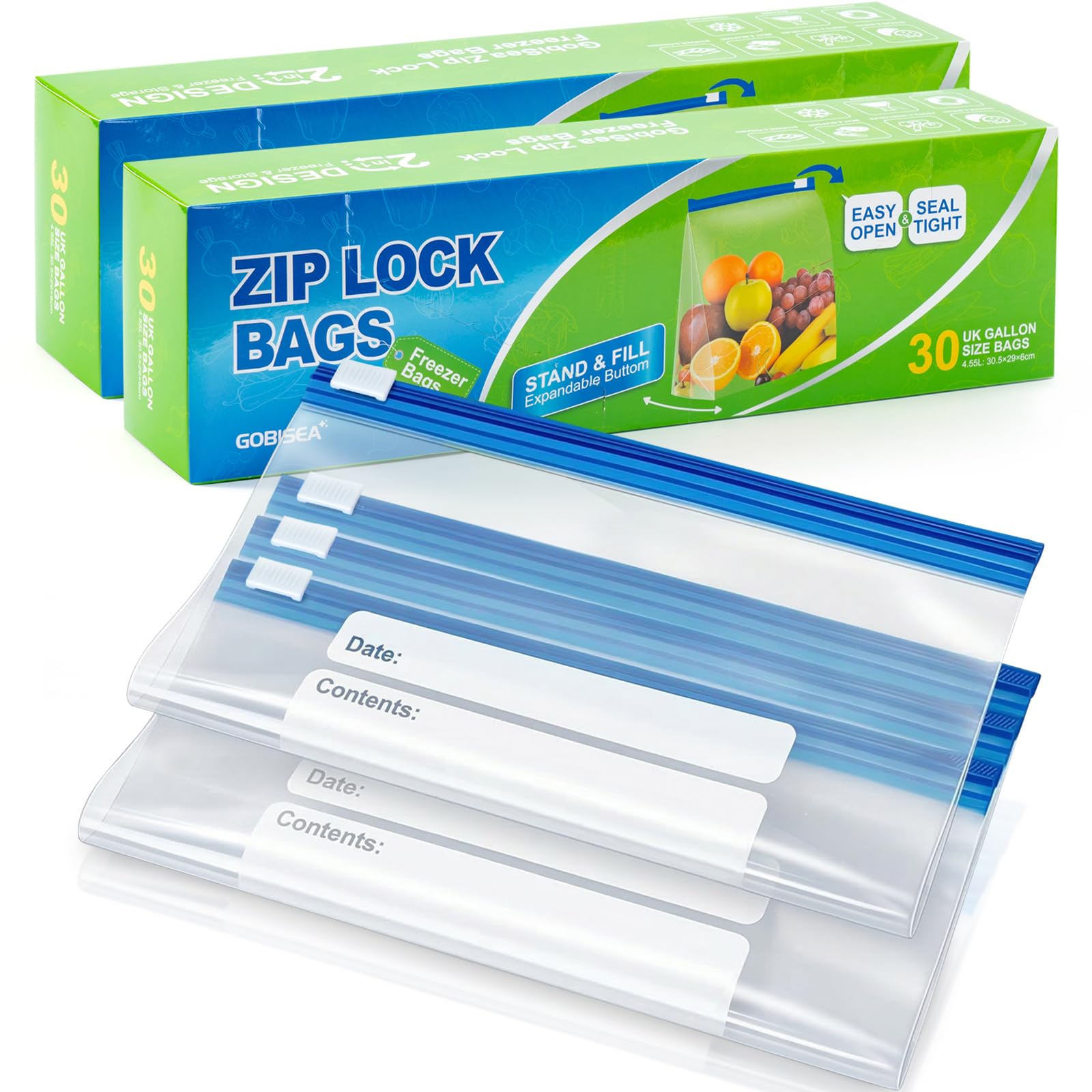 GobiSea 60-Pack Zip Lock Freezer Bags - 4.55L, Ziplock Sandwich Bags Food Storage Bag Zip Seal, BPA-Free Freezer Bag Ziplock with Expandable Bottom for Fruits, Veggies, Meat, Grains