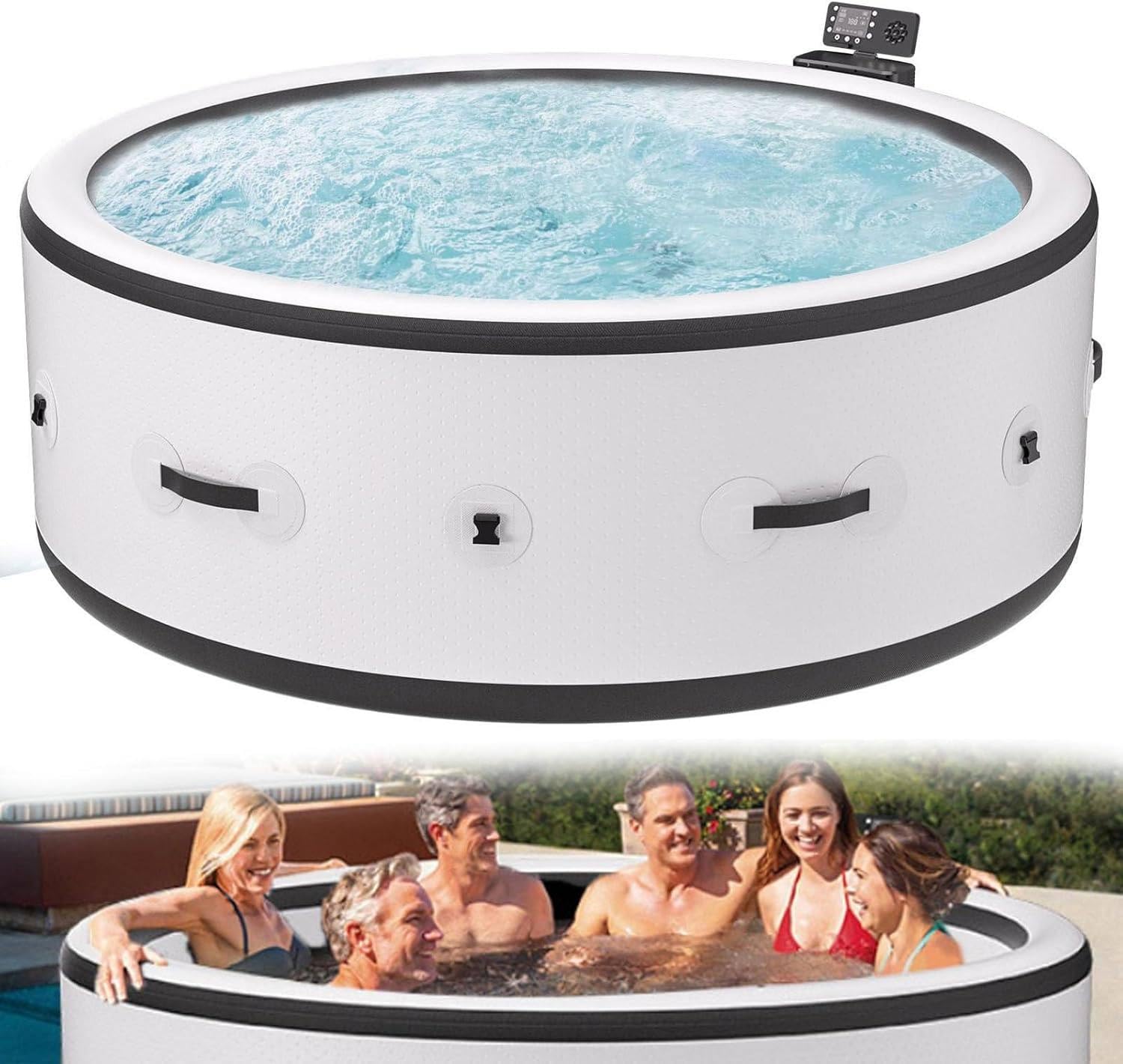 Spa Gonflable Source Thermale Pour 4 À 6 Personnes, Installation Extérieure De Jardin, Forme Ronde 81,1×27,9 Pouces,150 Jets D’Air,6 Modes D’éclairage, Chauffage PTC À Bas Niveau Jusqu’à 40℃.