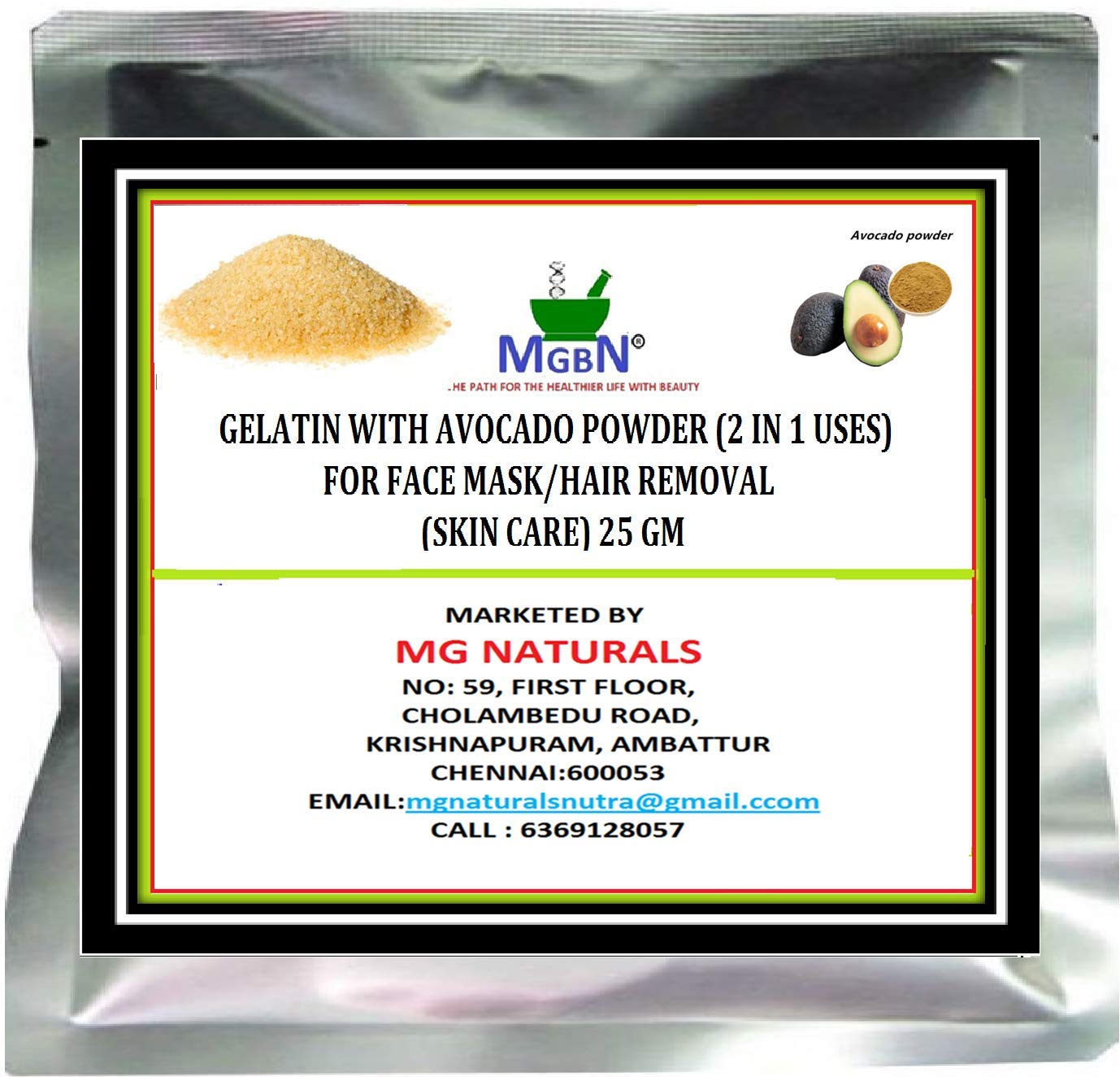 MGBN Gelatin with Avocado Powder – 25g Pack | 2-in-1 Natural Face Mask & Hair Removal Powder for Skin Care With 1 Cotton Face Mask & 1 Cotton Face Towel