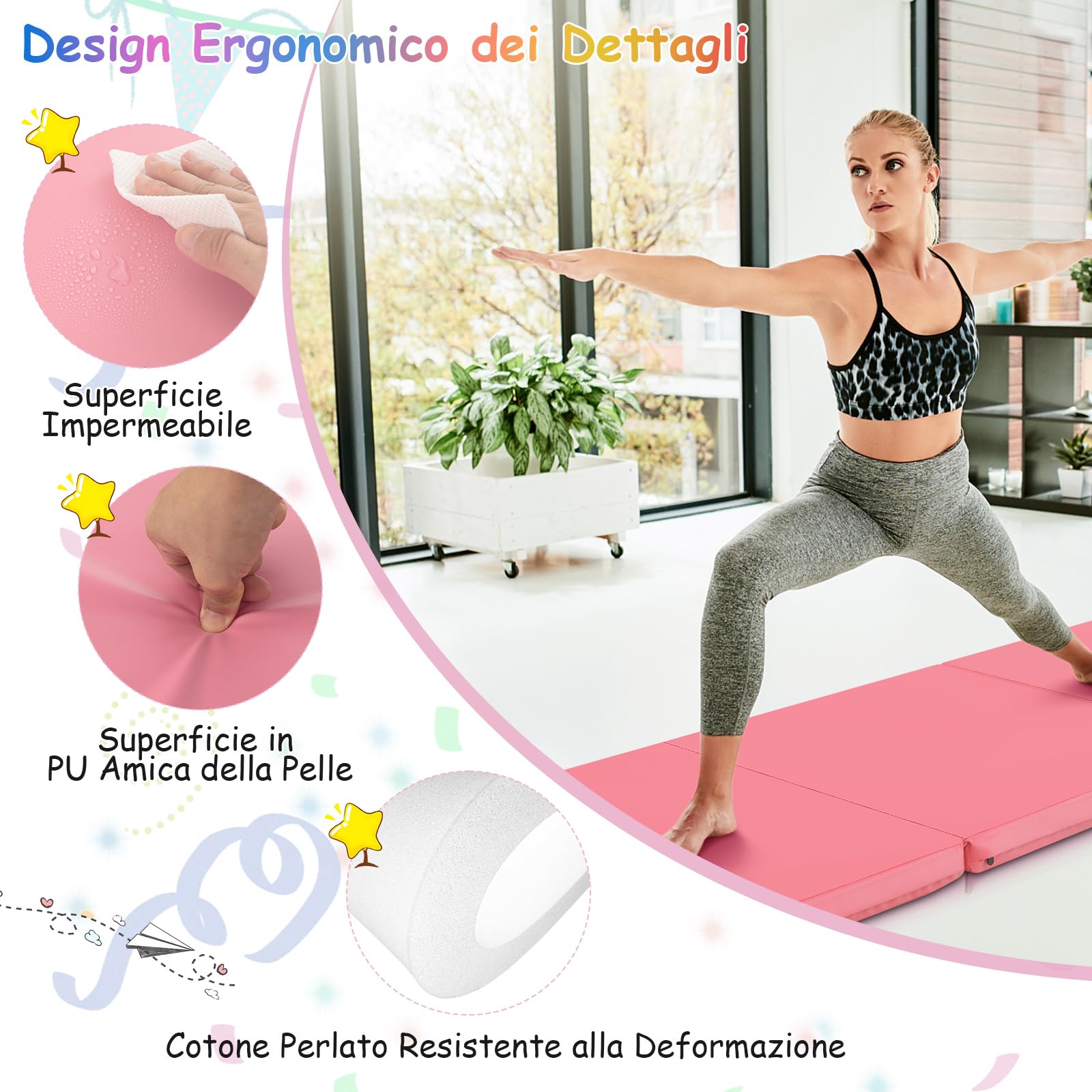 COSTWAY Tappetino da Yoga Spesso, Tappetino Fitness Pieghevole e Portatile con Imbottitura in EPE, Cerniera e Maniglie, Materassino Allenamento da Casa e Palestra, 180 X 60 X 5 cm