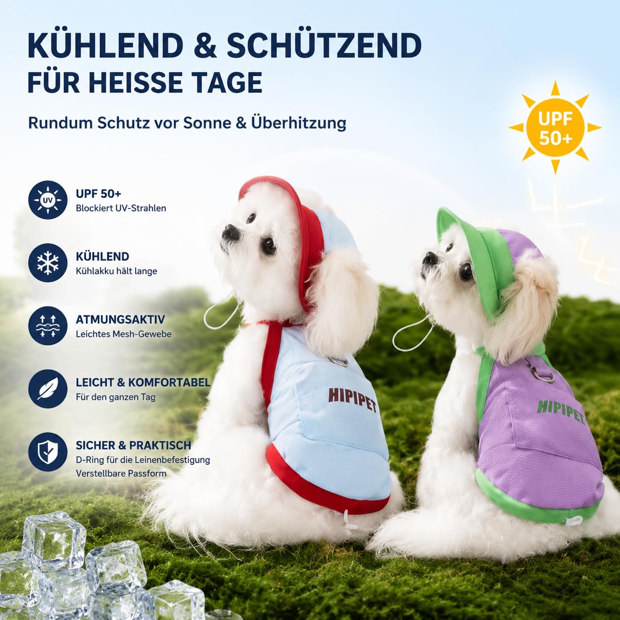 Kühlweste Hund – Sommer Kühljacke mit Ice Pack & Kapuze, Atmungsaktiv, UPF50+ Sonnenschutz, Sonnenschutz Hunde XS–XXL für kleine & mittelgroße Hunde