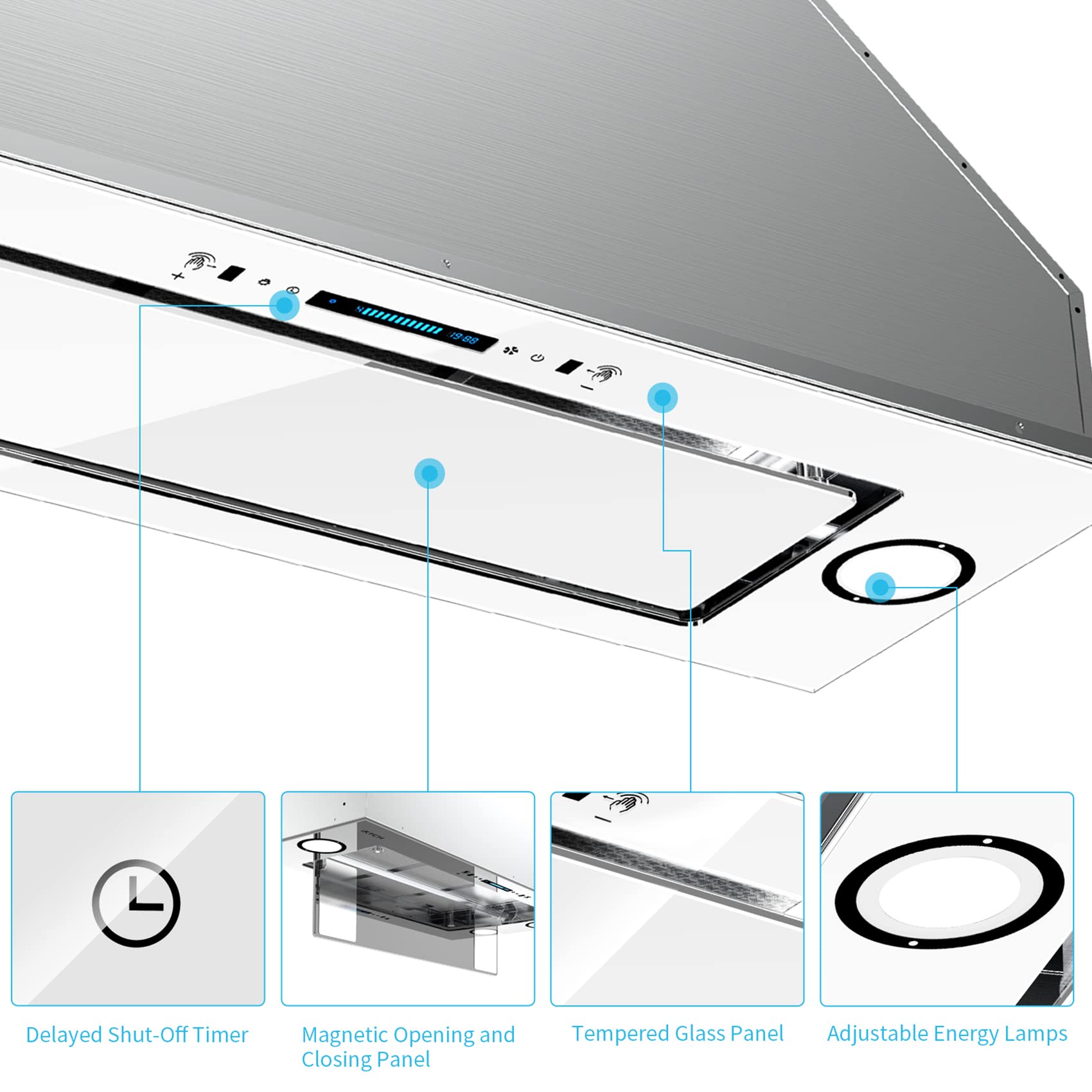 IKTCH 30'' Built-in/Insert Range Hood, 900 CFM tempered glass with Gesture Sensing & Touch Control, Ducted/Ductless Convertible, 2 Pcs Adjustable Lights IKB01-30W