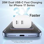 Dual USB C Bloc chargeur, paquet de 2 20W USB C Chargeur mural Bloc de charge rapide 2 Bloc de chargeur rapide de type C,USB C Adaptateur d'alimentation Cube de charge pour 17/16/15 Pro Max/15/16 Pro/15/16 Plus,iPad,Galaxy