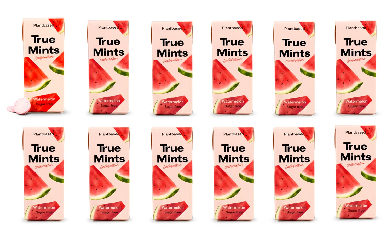 True Mints WATERMELON Flavour (12-pack) - Sugar Free Mints - Xylitol Mints - Fruit Pastilles - Sugar Free & Plantbased Travel Sweets with Natural Flavours