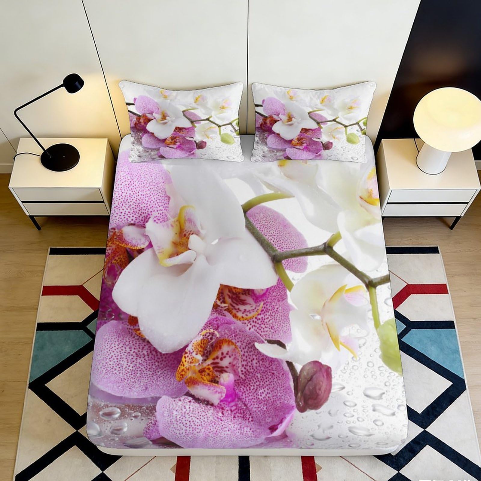 Floral Decor 3D Printed Fitted Sheet Orchid Pattern Microfiber Soft Touch, Wrinkle Resistant, Apartment Bedding, Bedroom Bed Cover 90x200x25cm