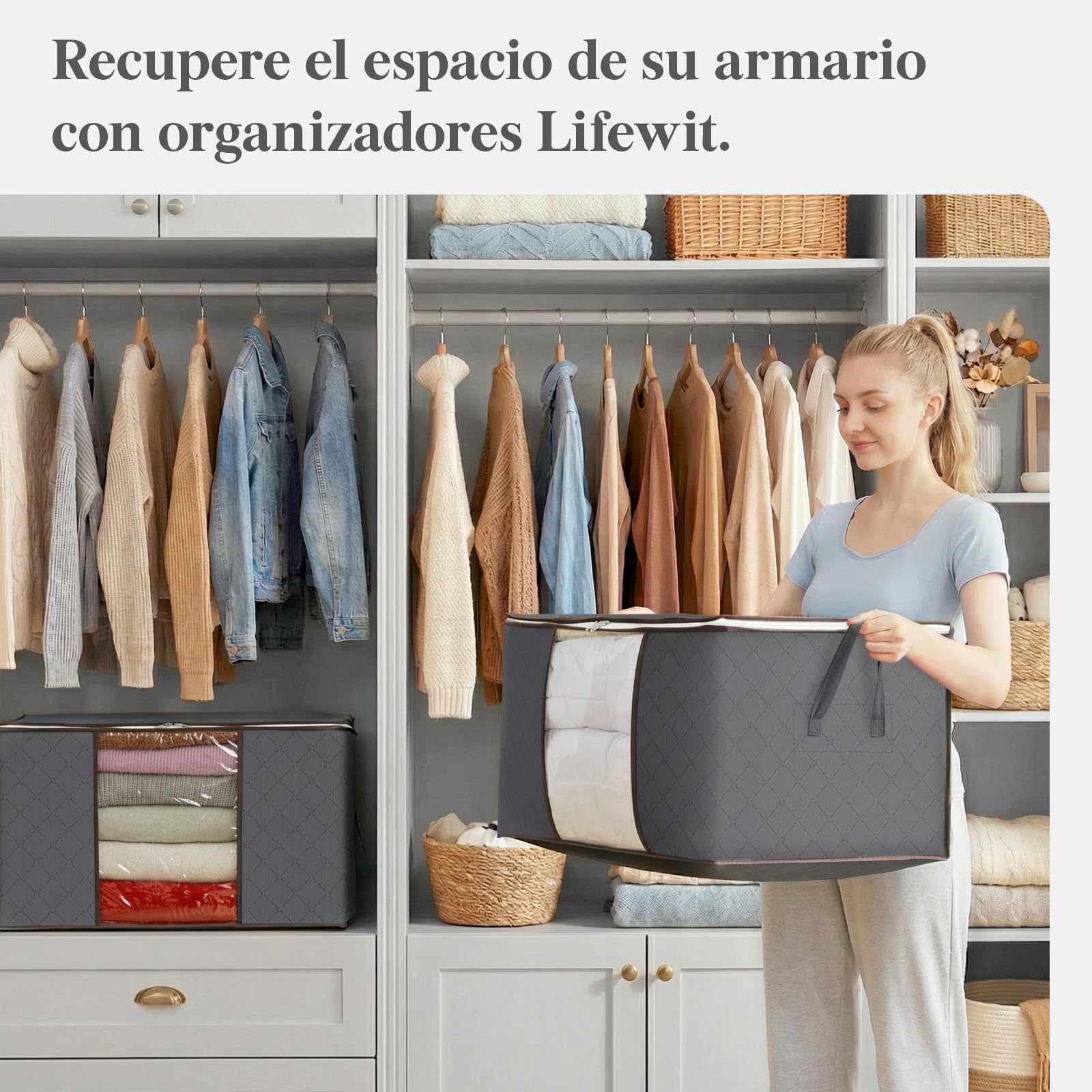 Lifewit Bolsa Almacenaje Ropa, Cajas Almacenaje Plegable, Organizador Armario, Cajas Mudanza, Bolsas con Asa Reforzada para Guardar Ropa, Mantas, Edredones, Gris, 65L, 3 Piezas