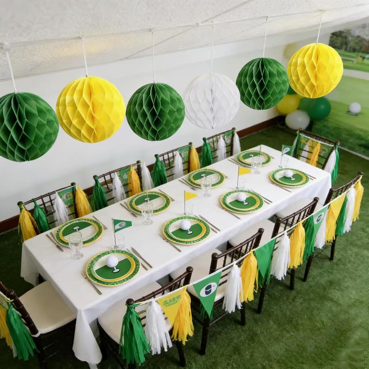 21PCS Green Yellow Party Decorations Tissue Tassel Garland Banner Hanging Paper Honeycomb Balls Streamers Backdrop for Graduation Masters Golf Birthday Wedding Baby Shower