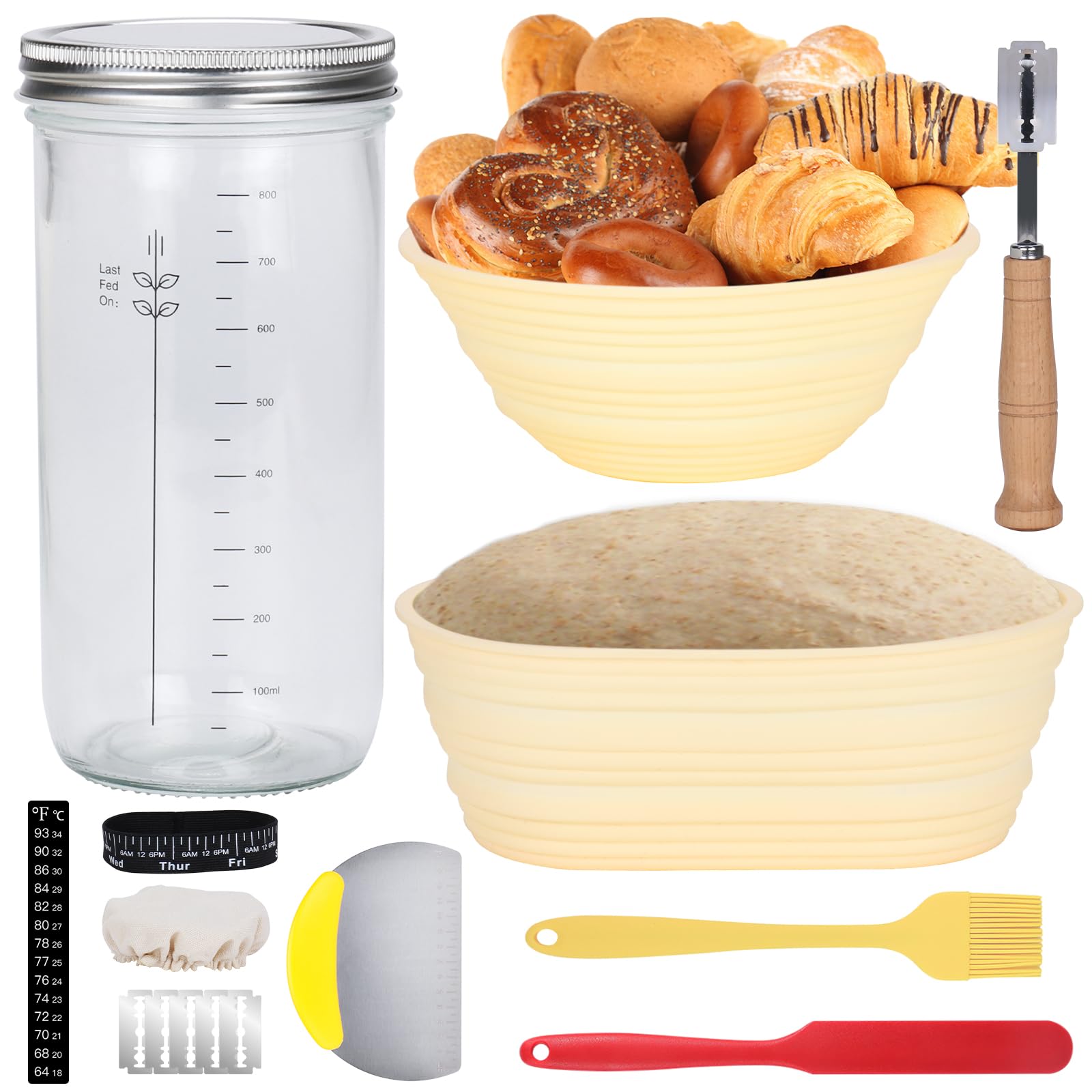 Complete Sourdough Bread Baking Supplies, Sourdough Starter Kit, 34oz Sourdough Starter Jar, 2 Bread Proofing Baskets, Thermometer, Feeding Time Tracker, Metal Scraper, Easy to Clean