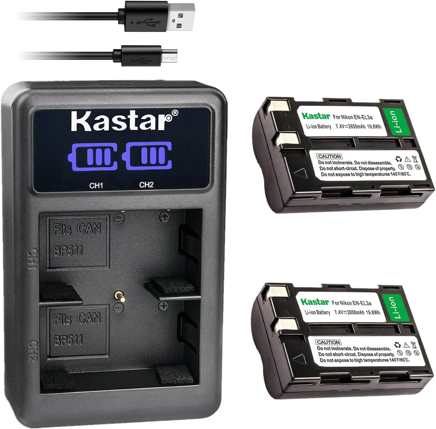 Kastar 2-Pack EN-EL3A Battery and LED2 USB Charger Compatible with Nikon EN-EL3, EN-EL3a Battery, Nikon MH-18, MH-18a, MH-19 Charger, Nikon D50, D70, D70s, D100, D100 SLR Cameras