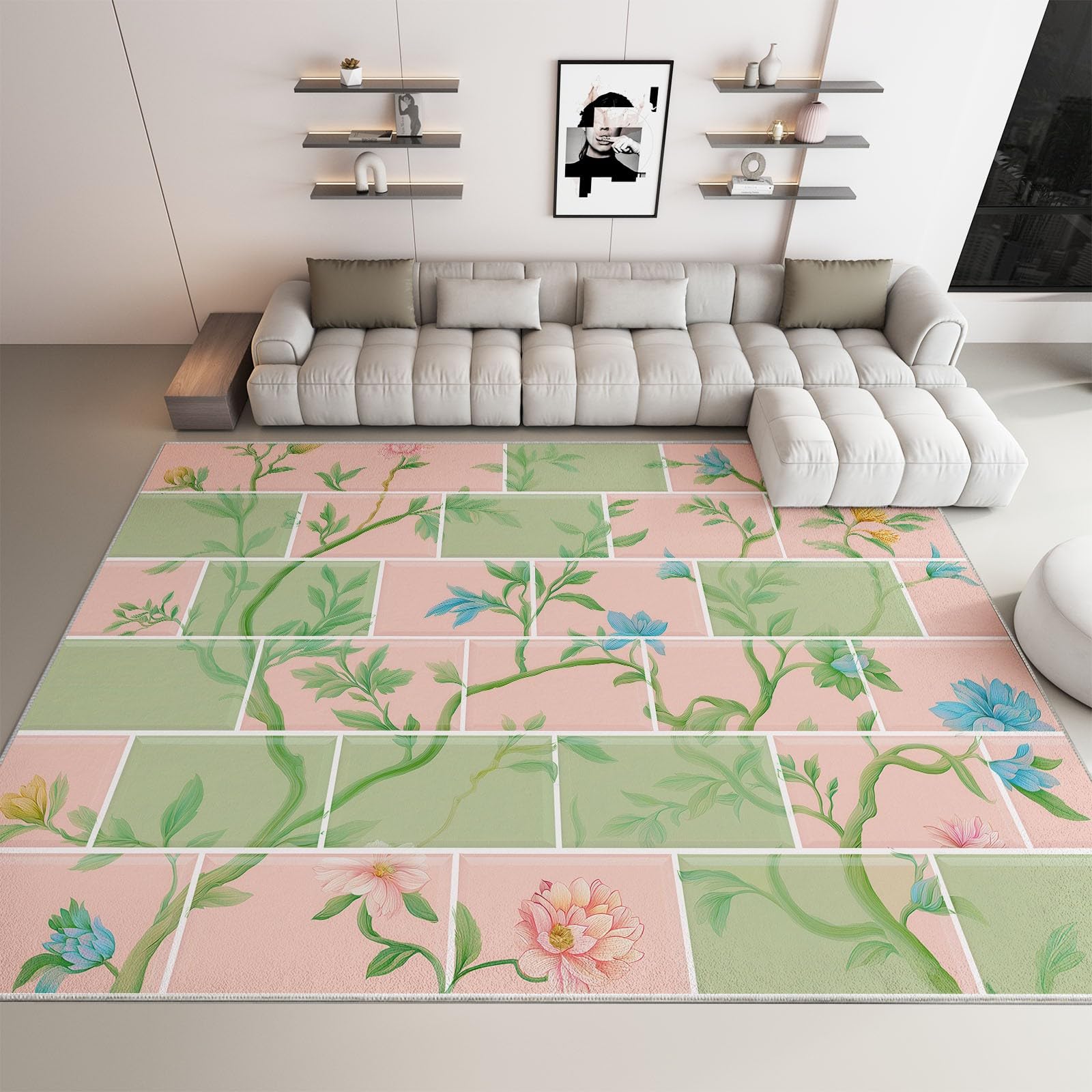 Tapis de salon oriental floral botanique doux et lavable 120x170 cm