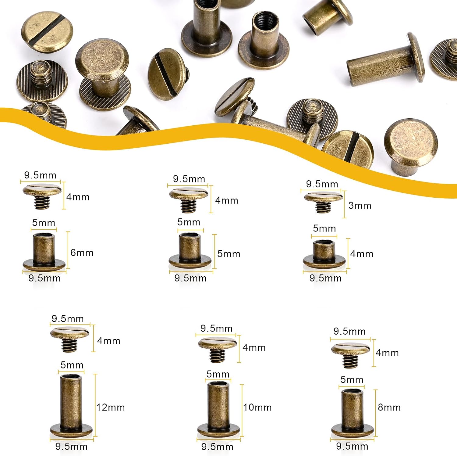 120sets Chicago Screws Kit, 6 Sizes Screw Rivets Bronze Chicago Binding Screws for DIY Repair Leather Craft Belt Bag Shoes Purse Bookbinding (M5*4,5,6,8,10,12) (Bronze) image 2