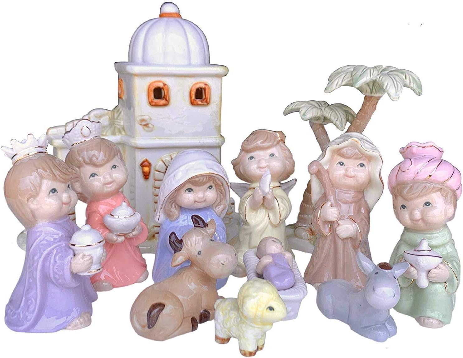 Christmas Nativity Set Figurines Childrens Face Beautiful Bright Colors 12 Piece 5" Inch Tall