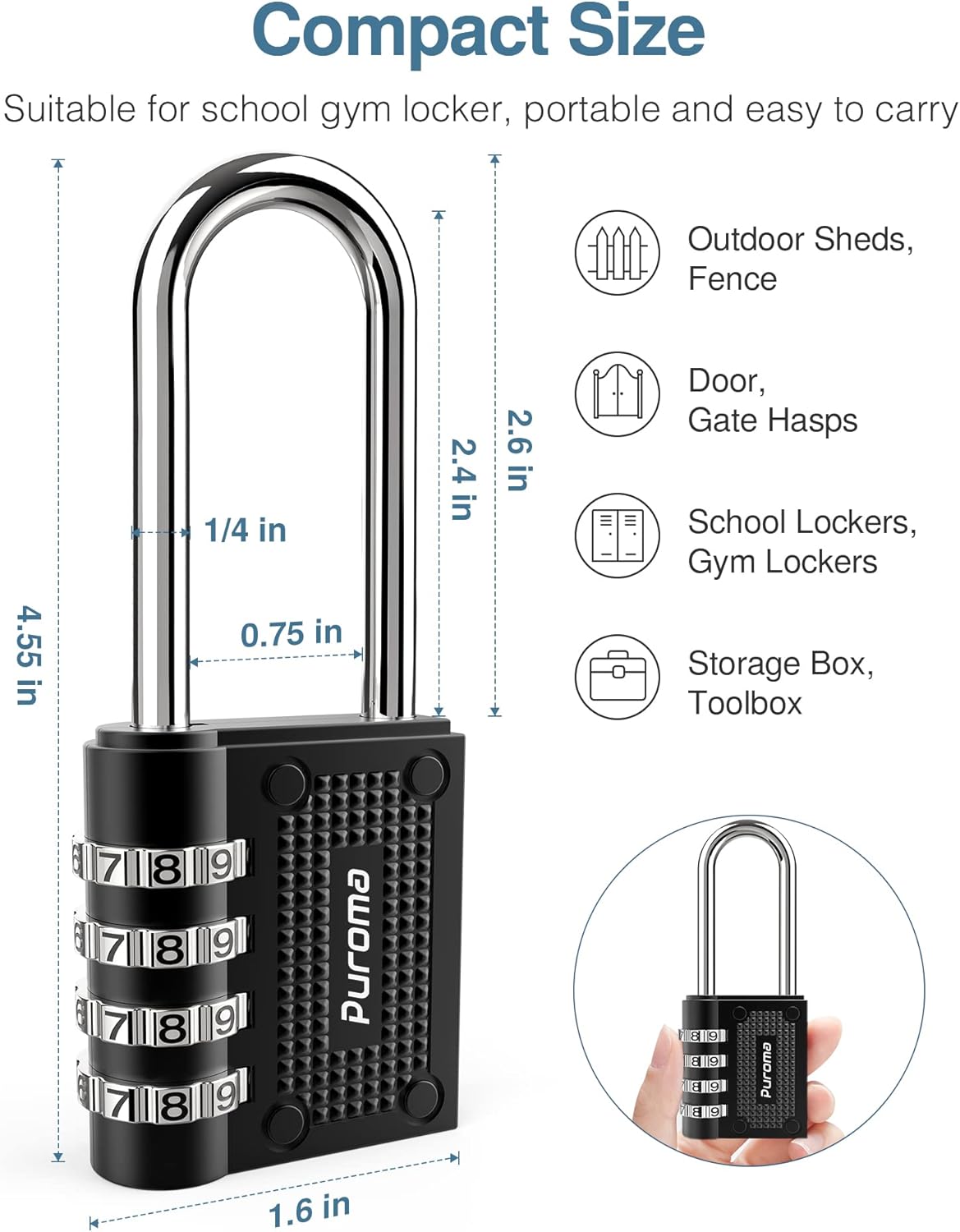 Super Big Clearance! Puroma 2 Pack Combination Lock 4 Digit Padlock with 2.6 Inch Long Shackle for School Gym Locker, Sports Locker, Fence, Toolbox, Case, Hasp Storage (Black)