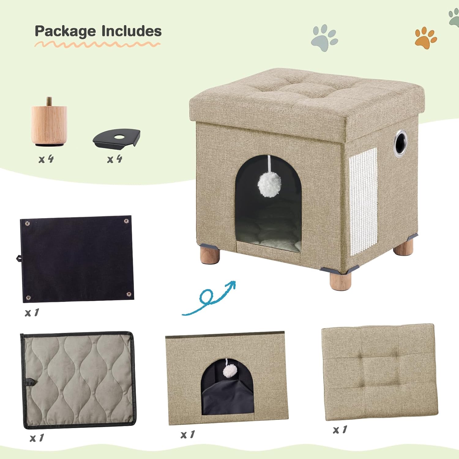 BRIAN & DANY Foldable Cat House, Cat Cave, Cat Cube with Scratch Board & Ball, 14.7" x 14.1” x 12.7”, Light Khaki