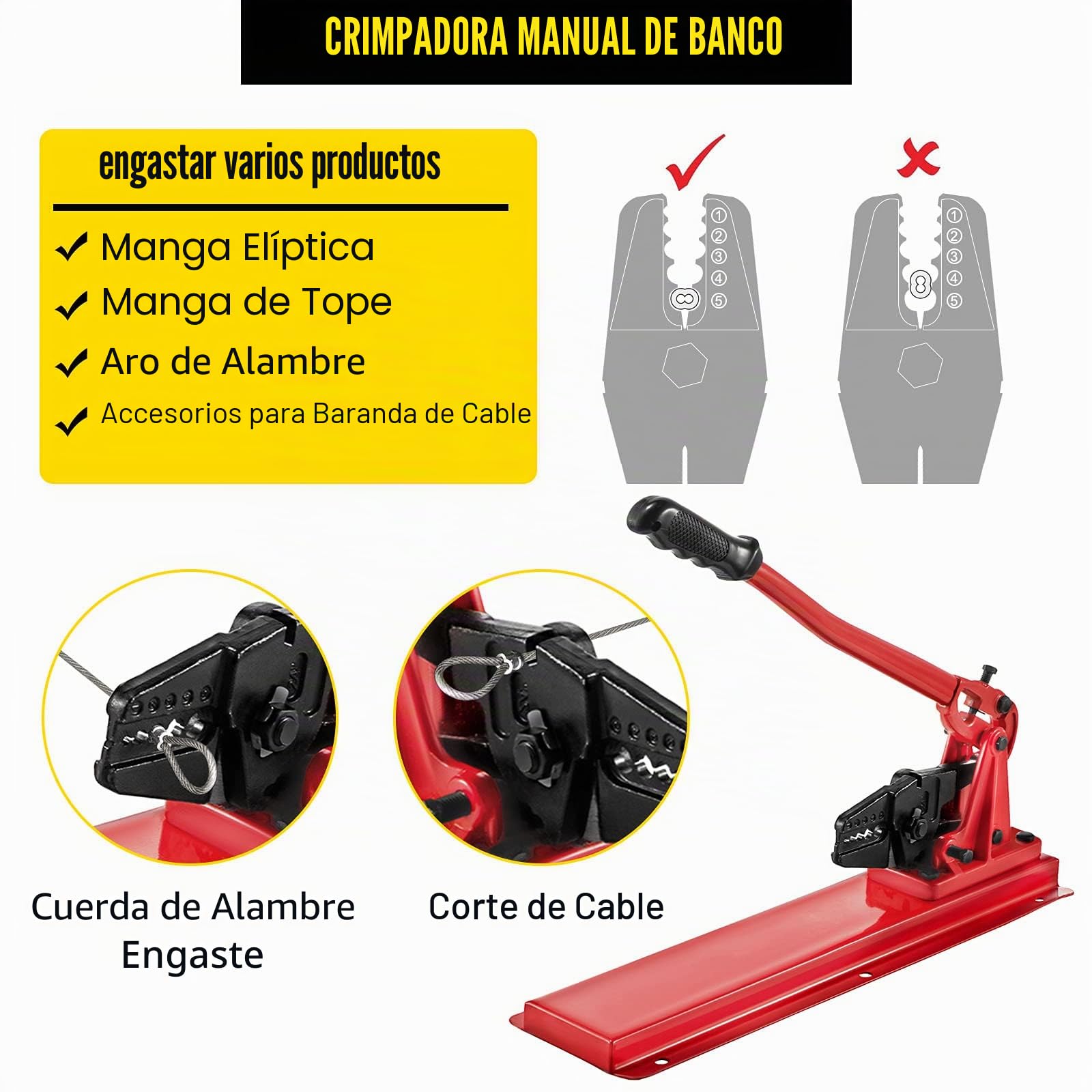 VEVOR Alicates de Engarzado de Banco Con Cabezal de Engarzado Cortador de Cables Manual de Acero de Aleación para Manguera de 1,58-5 mm para Construcción de Cables, Taller de Mantenimiento