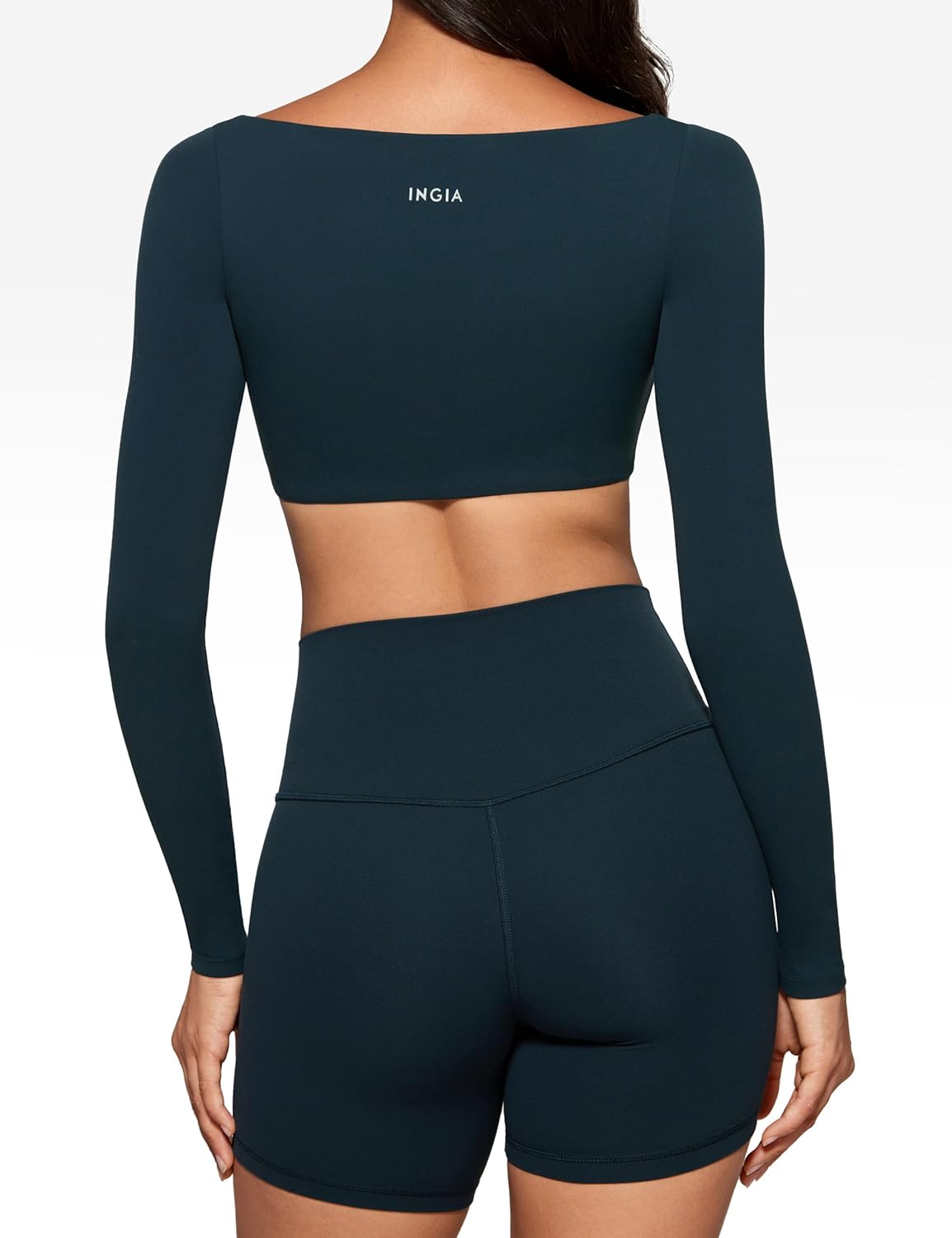 Womens Square Neck Long Sleeve Crop Top Workout Athletic Yoga Basic Tee Bandeau Fitted T-Shirt with Built in Bra - Image 2