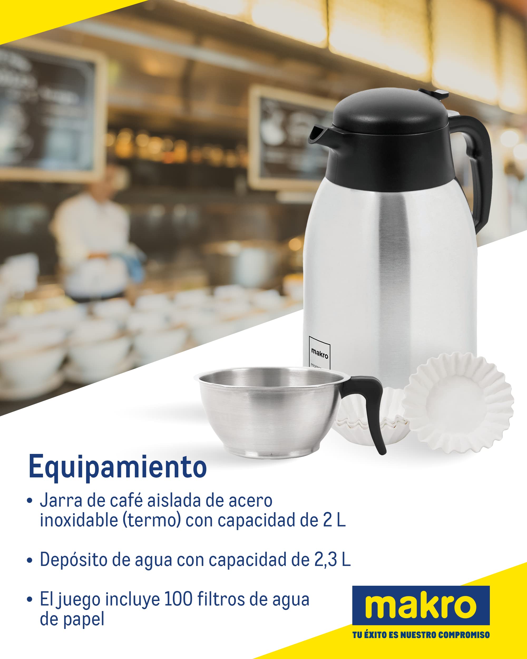 METRO Professional Máquina de café GCA2101, Cafetera de goteo, acero inoxidable, 2.3 litros, 1900 W, 21.5 x 41.5 x 52 cm, con termo y depósito de agua, 30°C-98°C, incluye 100 filtros papel, plata