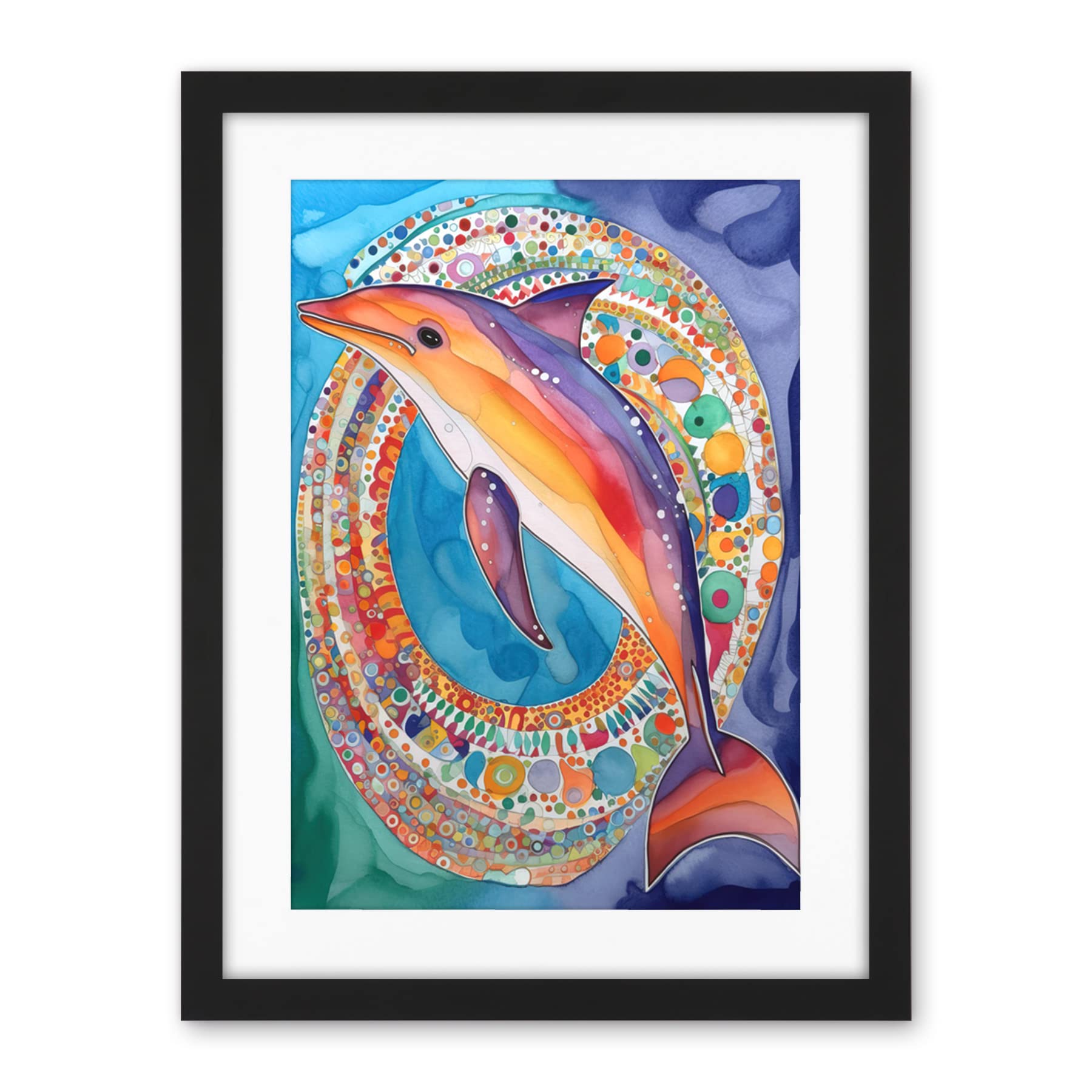 Artery8 Rainbow Dolphin And Pattern Hoop Folk Art Watercolour Painting Artwork Framed Wall Art Print 18X24 Inch