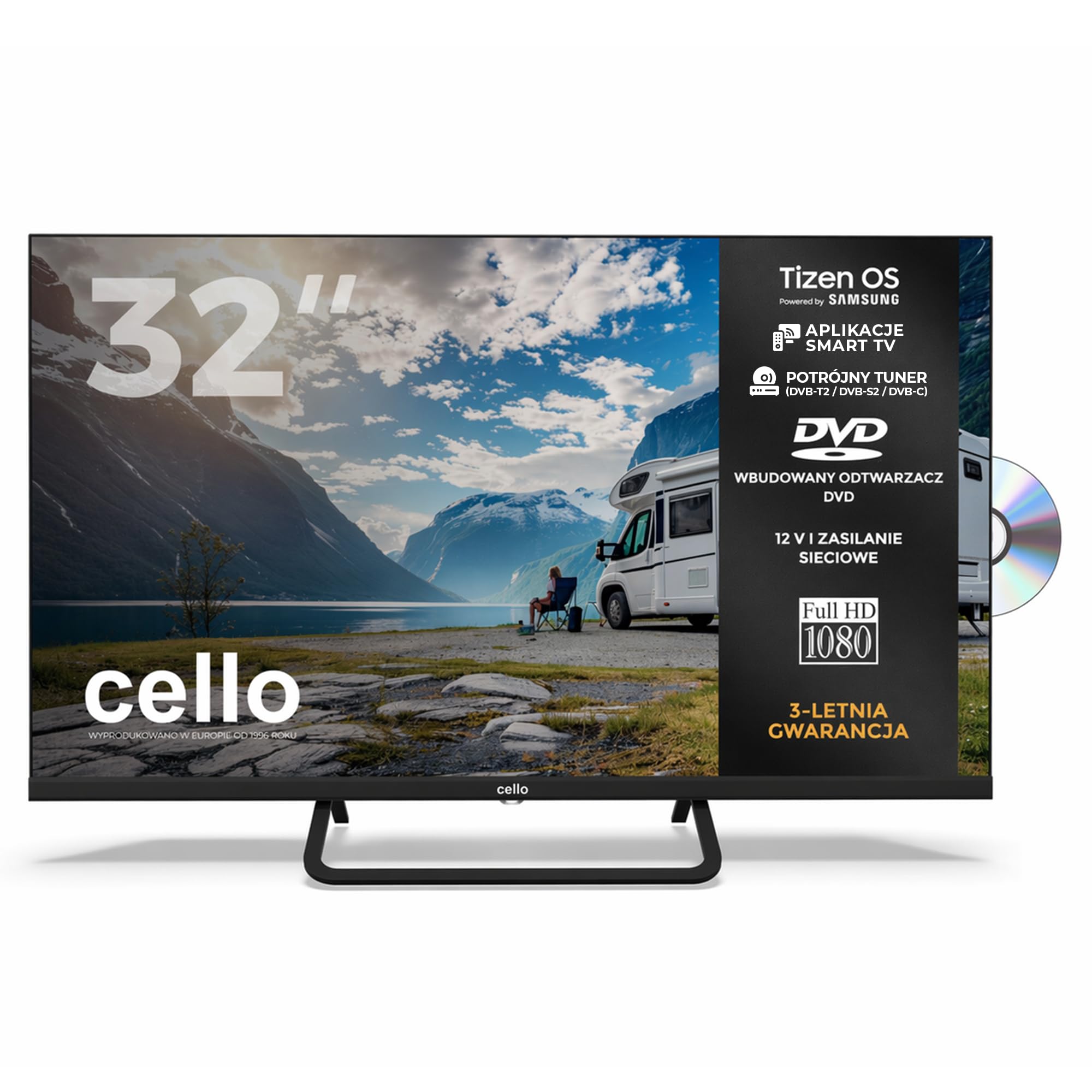 Cello Ctrav-32TZF 32" Smart TV LED z systemem Tizen OS, telewizor podróżny 12V z wbudowanym DVD, 3-letnia gwarancja, głośniki Pitch Perfect, Prime Video, Bluetooth, idealny do kamperów