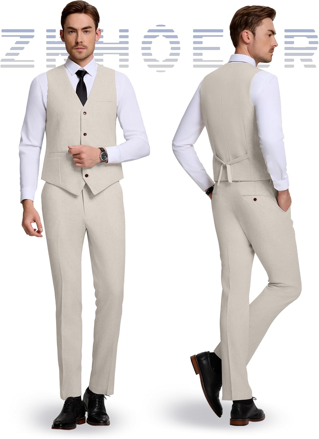 Men's Casual Linen Suit Set 2 Piece Slim Fit Wedding Suits Prom Groomsmen Suit Tuxedos Beach Suits Vest Pants