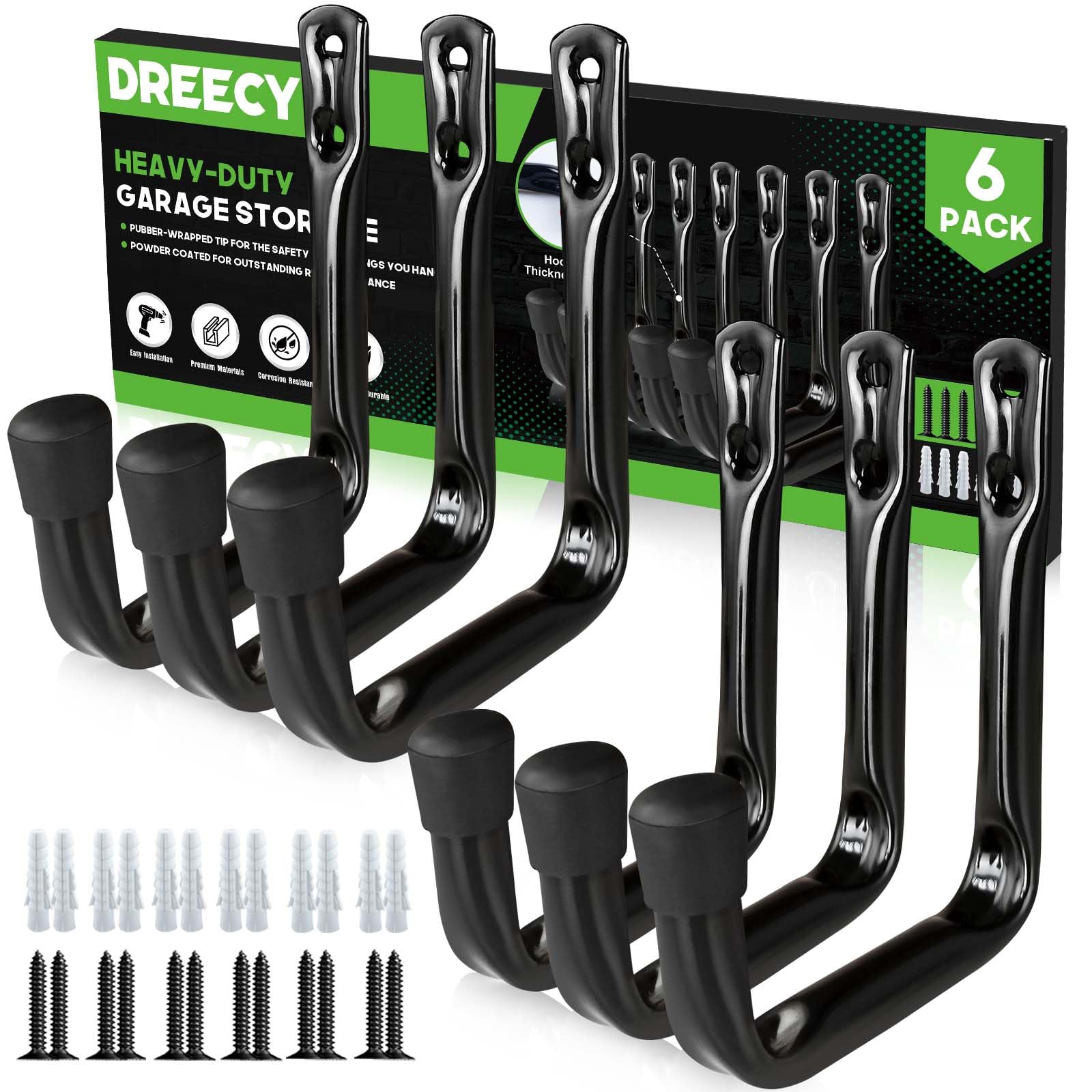 Dreecy J Utility Hooks for Hanging Heavy Duty Garage Storage Utility Hooks for Garage Wall, Color Black, 6 Pack