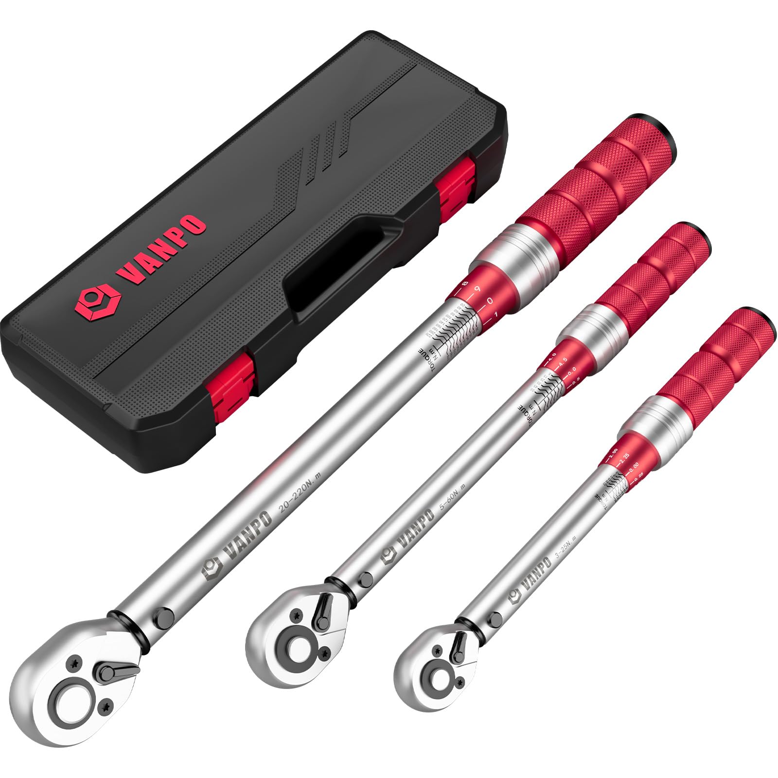 VANPO Drehmomentschlüssel 1/4" & 3/8" & 1/2", 3-25Nm, 5-60Nm, 20-220Nm | 3 teilig Torque Wrench Set, ±3% Fehlergenauigkeit mit 72 Zähne Wende Ratschenkopf für Fahrrad, Motorrad, Auto Wartung