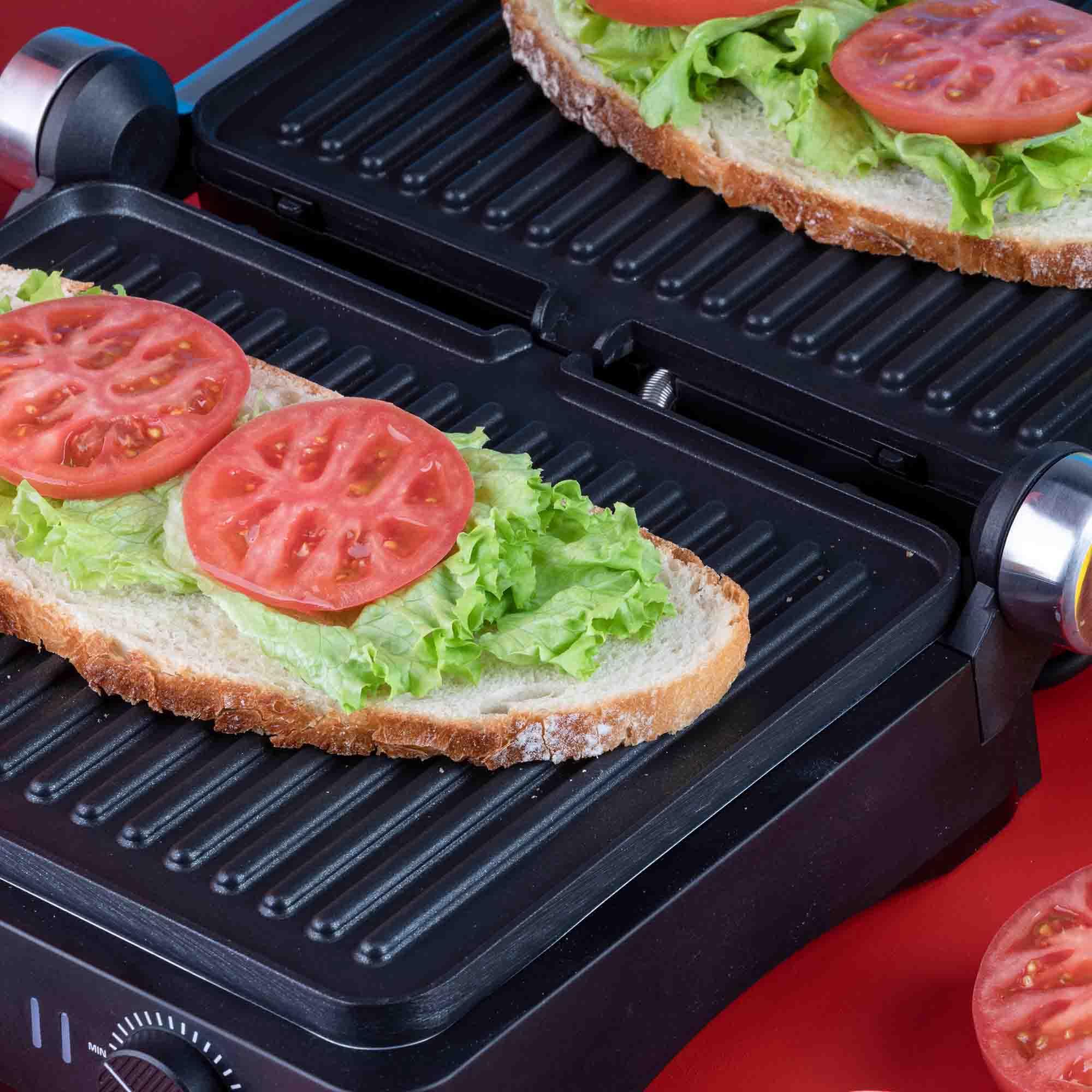 JATA JEGR1450 Elektryczna parka, grill, opiekacz do kanapek, Panini, 2000 W, otwór 180°, wyjmowane płyty nieprzywierające: 29,6 x 21,8 cm, pojemnik na śmieci.