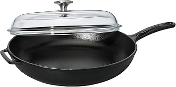 Chasseur Matte Black Cast Iron Frying Pan with Lid of Glass 11-inch - Handmade French Enamel Cookware for Even Heat & Nonstick Performance Cast Iron Skillet for Searing, and Oven-to-Table Serving